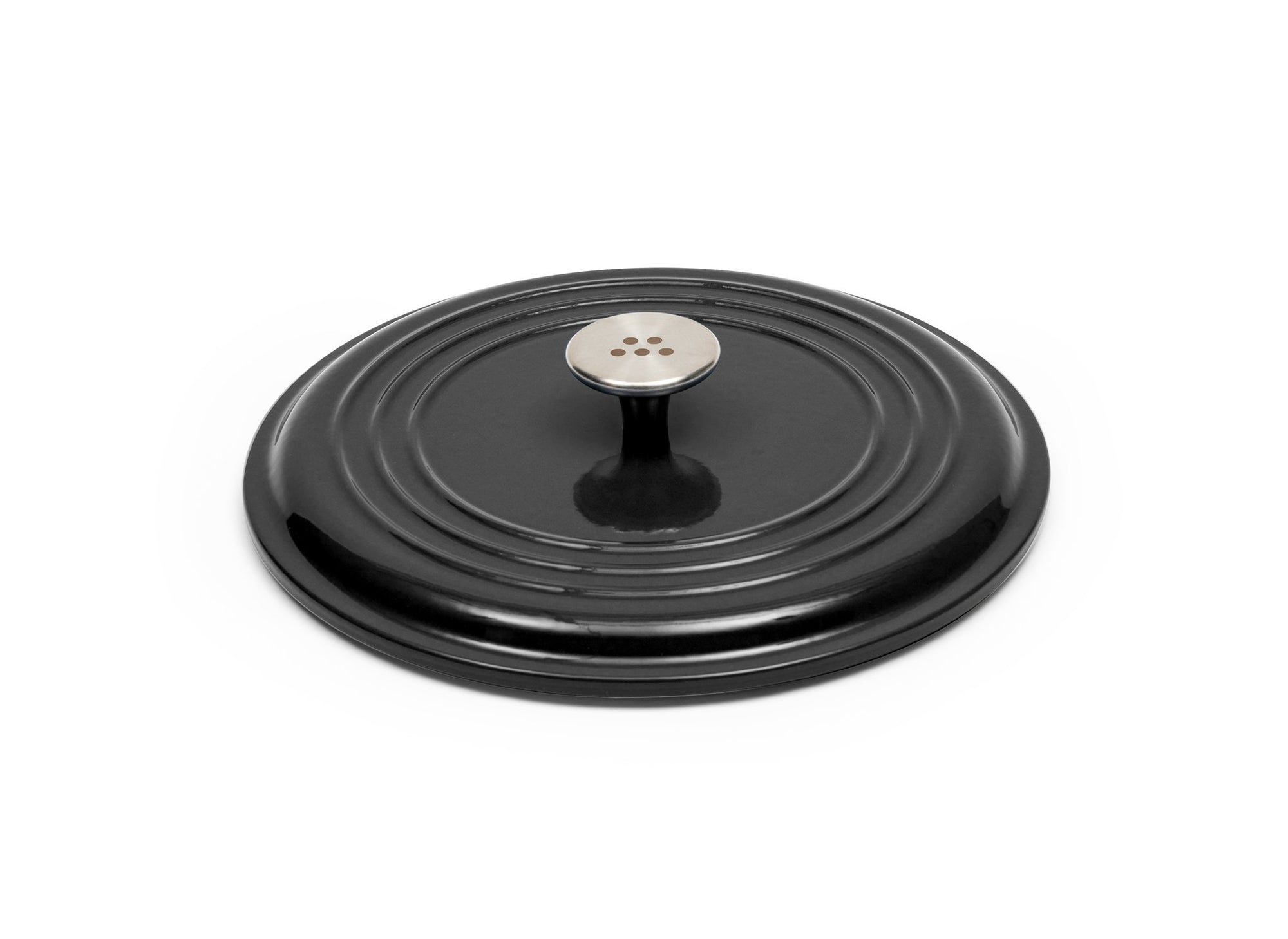 {{9-qt-traditional-black}} Black Traditional Lid for 9-quart Dutch oven face down on white background, showing steel knob handle.