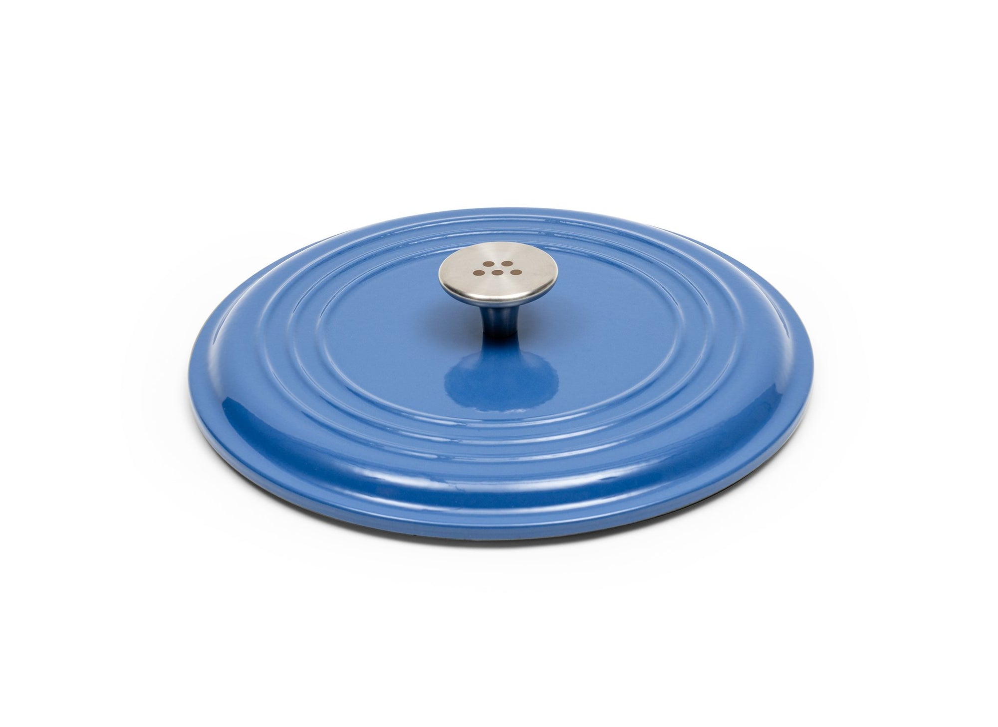 {{9-qt-traditional-blue}} Blue Traditional Lid for 9-quart Dutch oven face down on white background, showing steel knob handle.