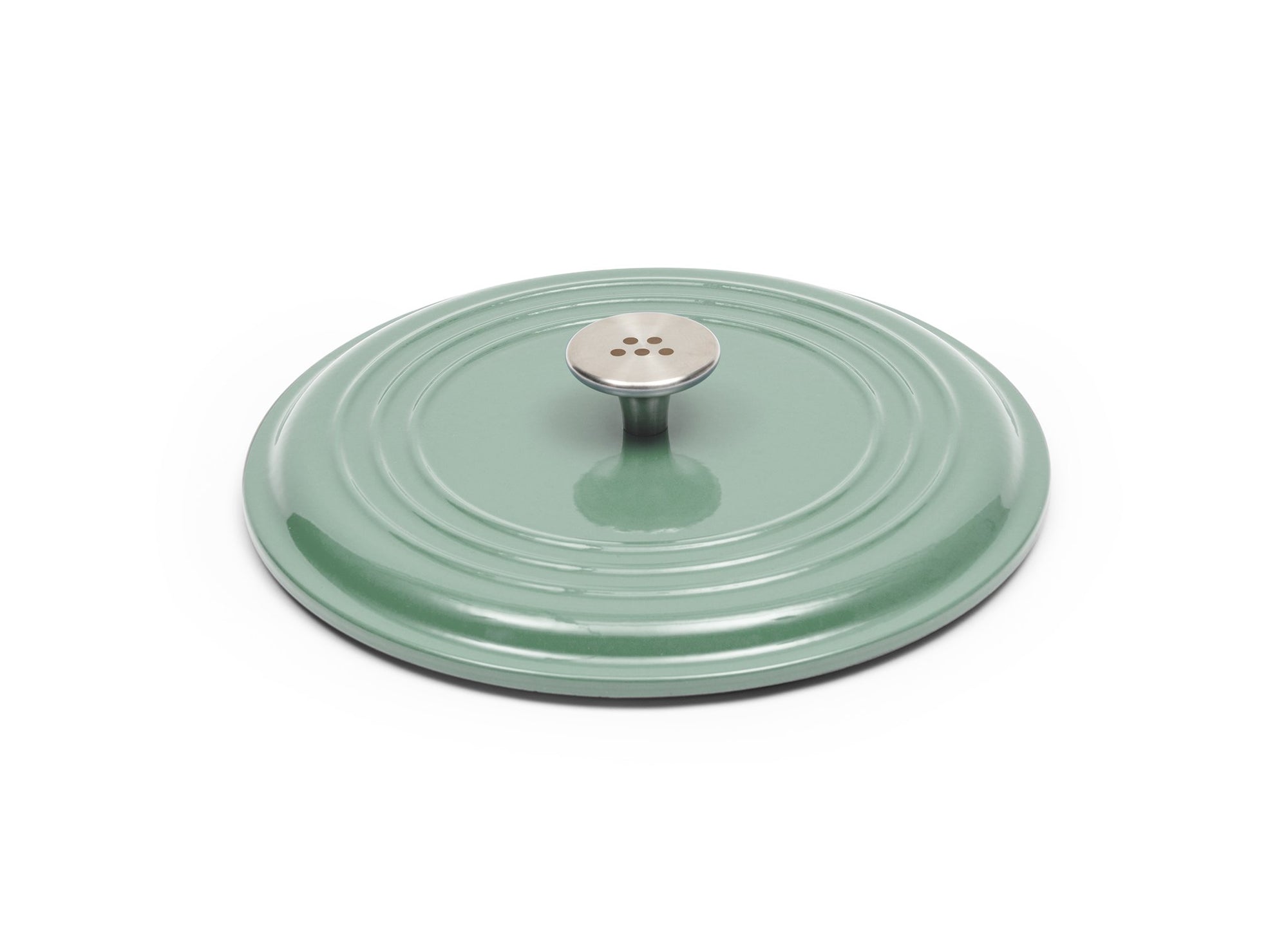 {{9-qt-traditional-green}} Green Traditional Lid for 9-quart Dutch oven face down on white background, showing steel knob handle.
