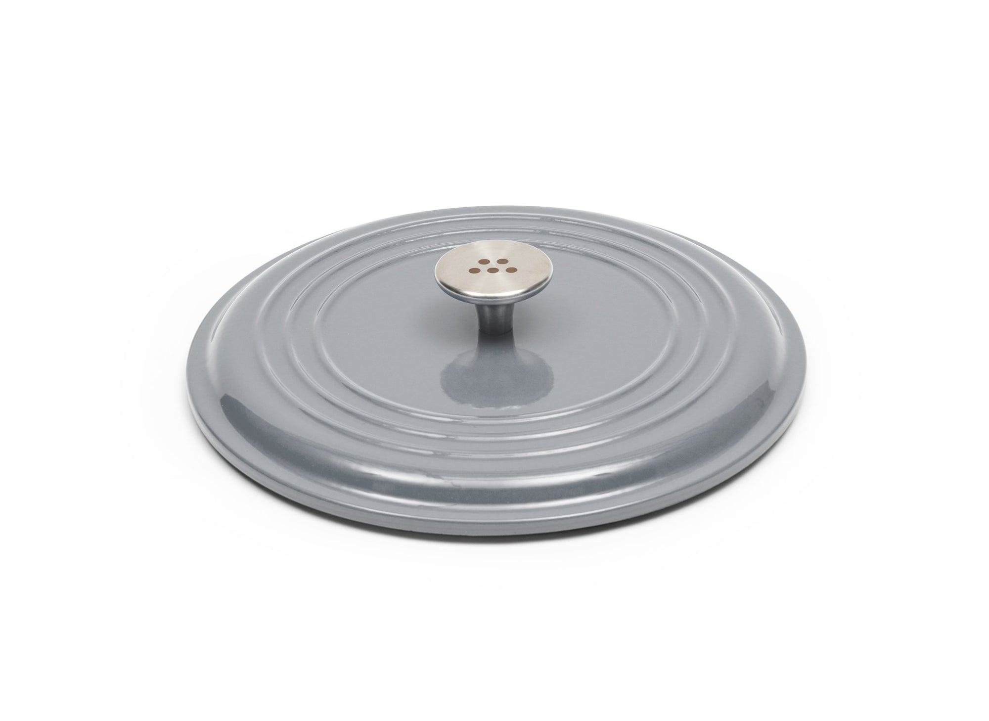 {{9-qt-traditional-gray}} Gray Traditional Lid for 9-quart Dutch oven face down on white background, showing steel knob handle.