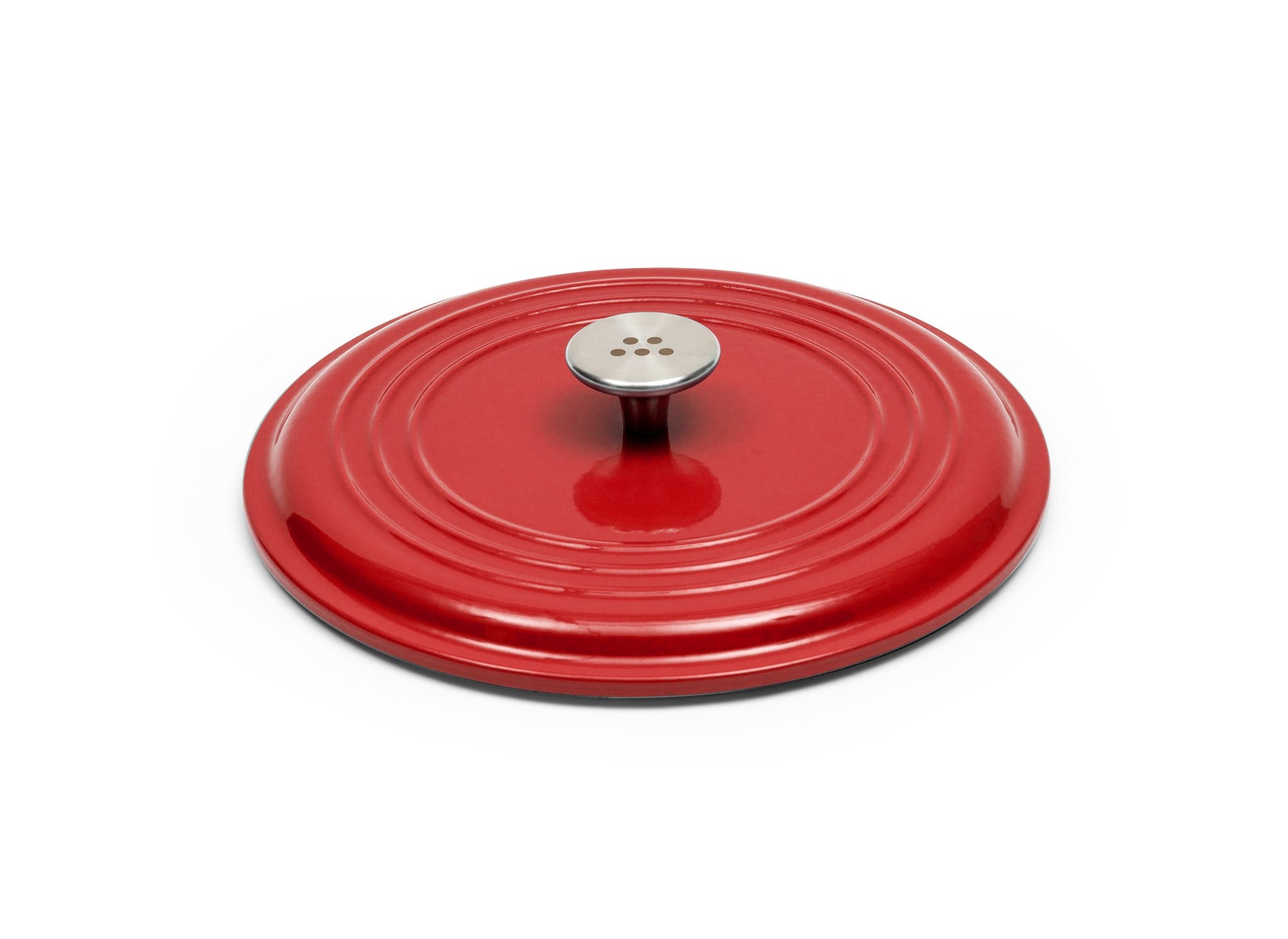 {{9-qt-traditional-red}} Red Traditional Lid for 9-quart Dutch oven face down on white background, showing steel knob handle.
