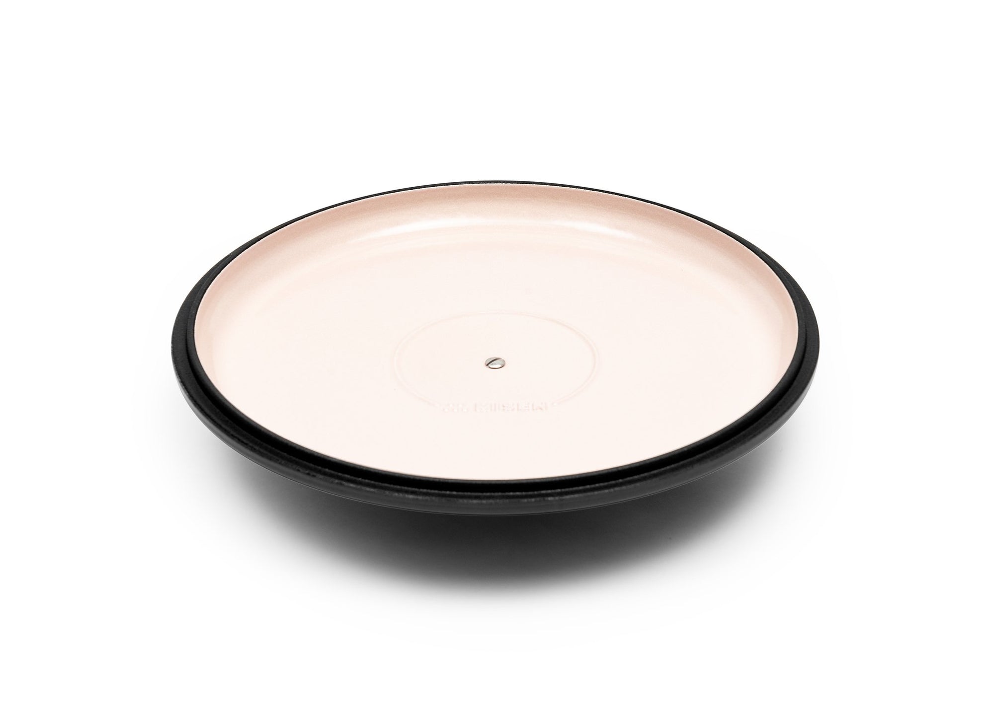 {{9-qt-traditional-black}} Black Traditional Lid for 9-quart Dutch oven face up on white background, showing light enamel interior.