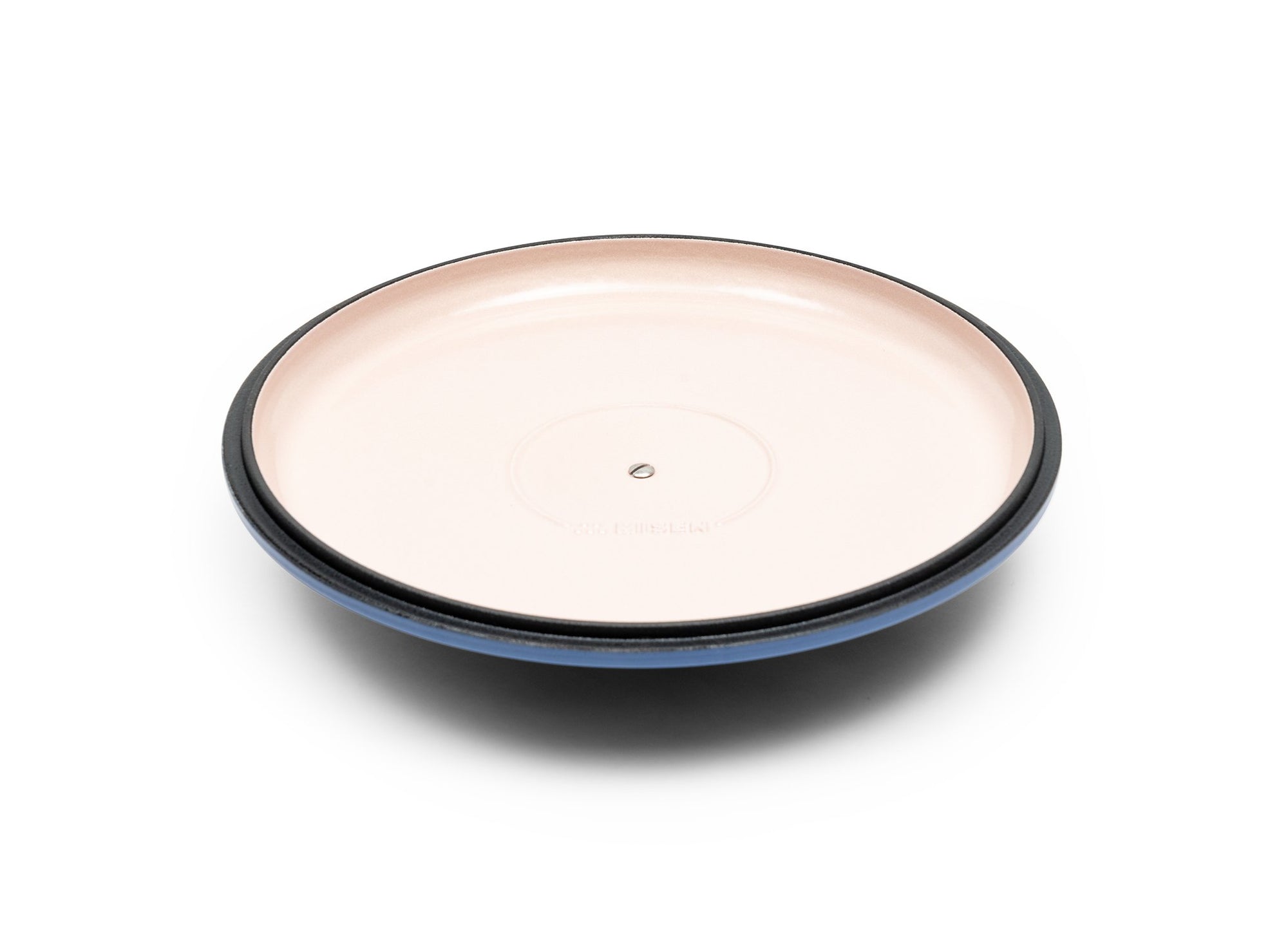 {{9-qt-traditional-blue}} Blue Traditional Lid for 9-quart Dutch oven face up on white background, showing light enamel interior.