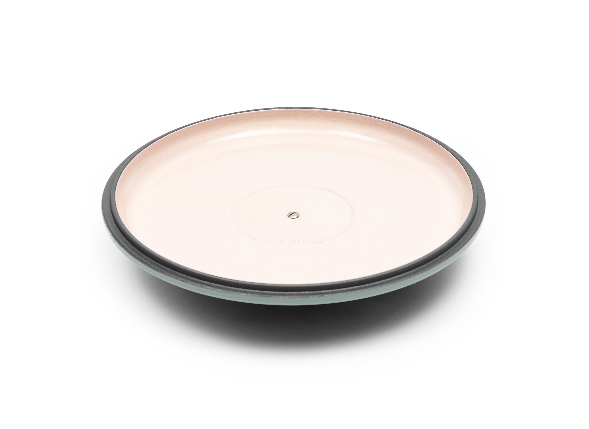 {{9-qt-traditional-green}} Green Traditional Lid for 9-quart Dutch oven face up on white background, showing light enamel interior.