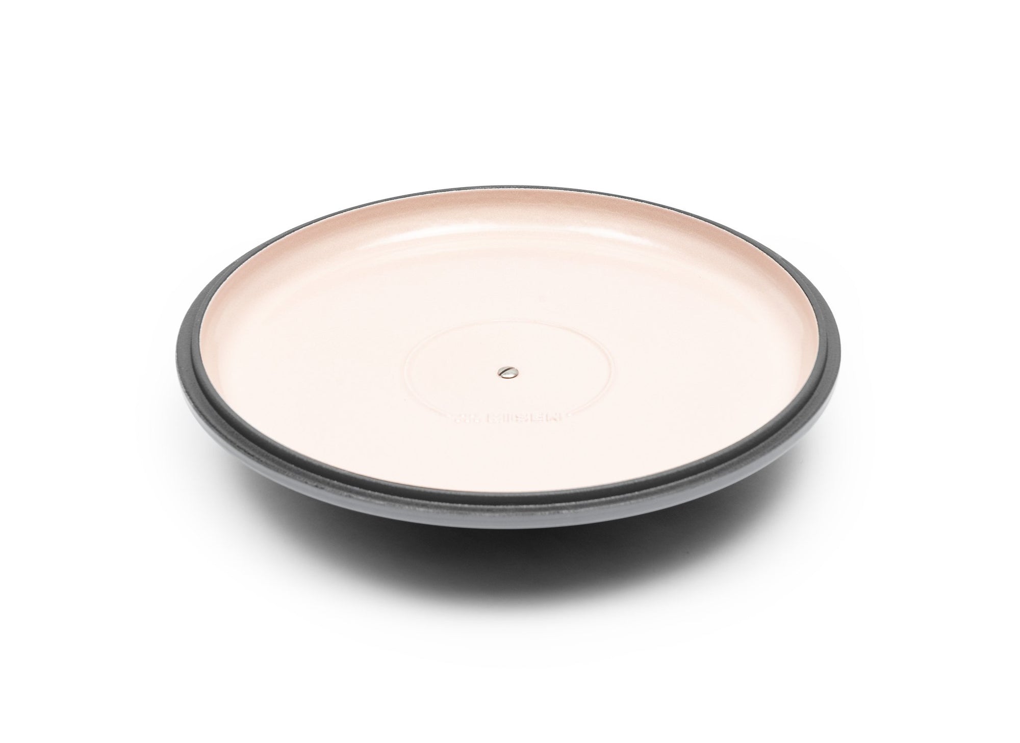 {{9-qt-traditional-gray}} Gray Traditional Lid for 9-quart Dutch oven face up on white background, showing light enamel interior.
