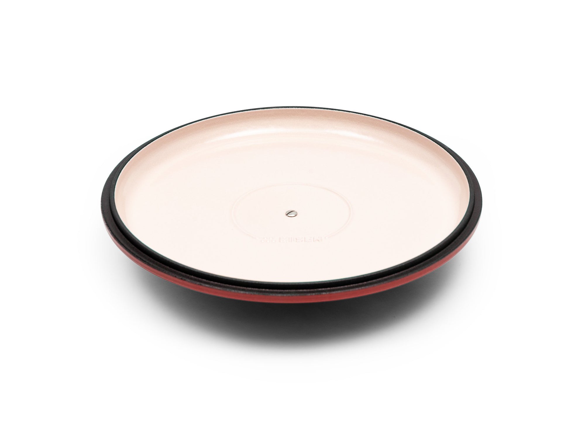 {{9-qt-traditional-red}} Red Traditional Lid for 9-quart Dutch oven face up on white background, showing light enamel interior.