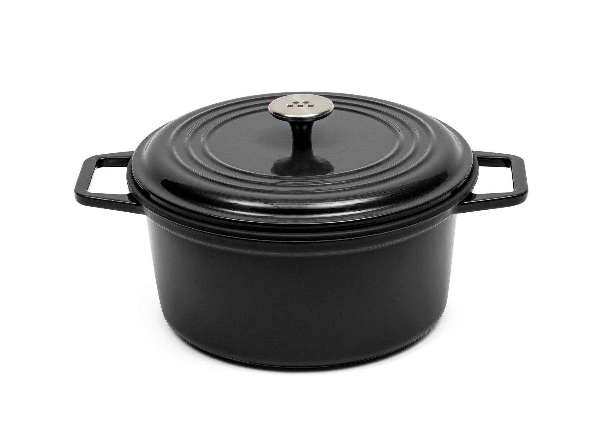 {{9-qt-traditional-black}} A black 9-quart Misen Dutch Oven covered by matching Traditional Lid with knob handle.