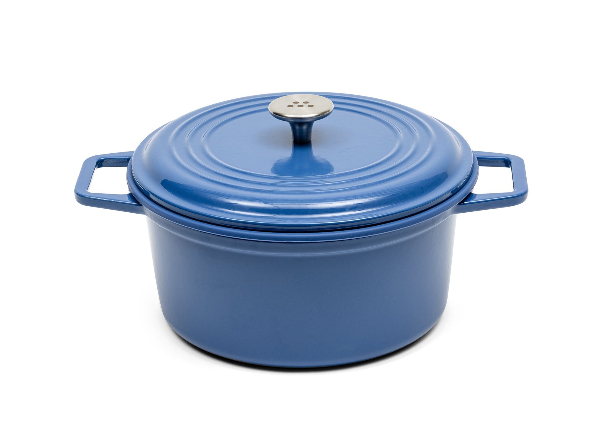 {{9-qt-traditional-blue}} A blue 9-quart Misen Dutch Oven covered by matching Traditional Lid with knob handle.