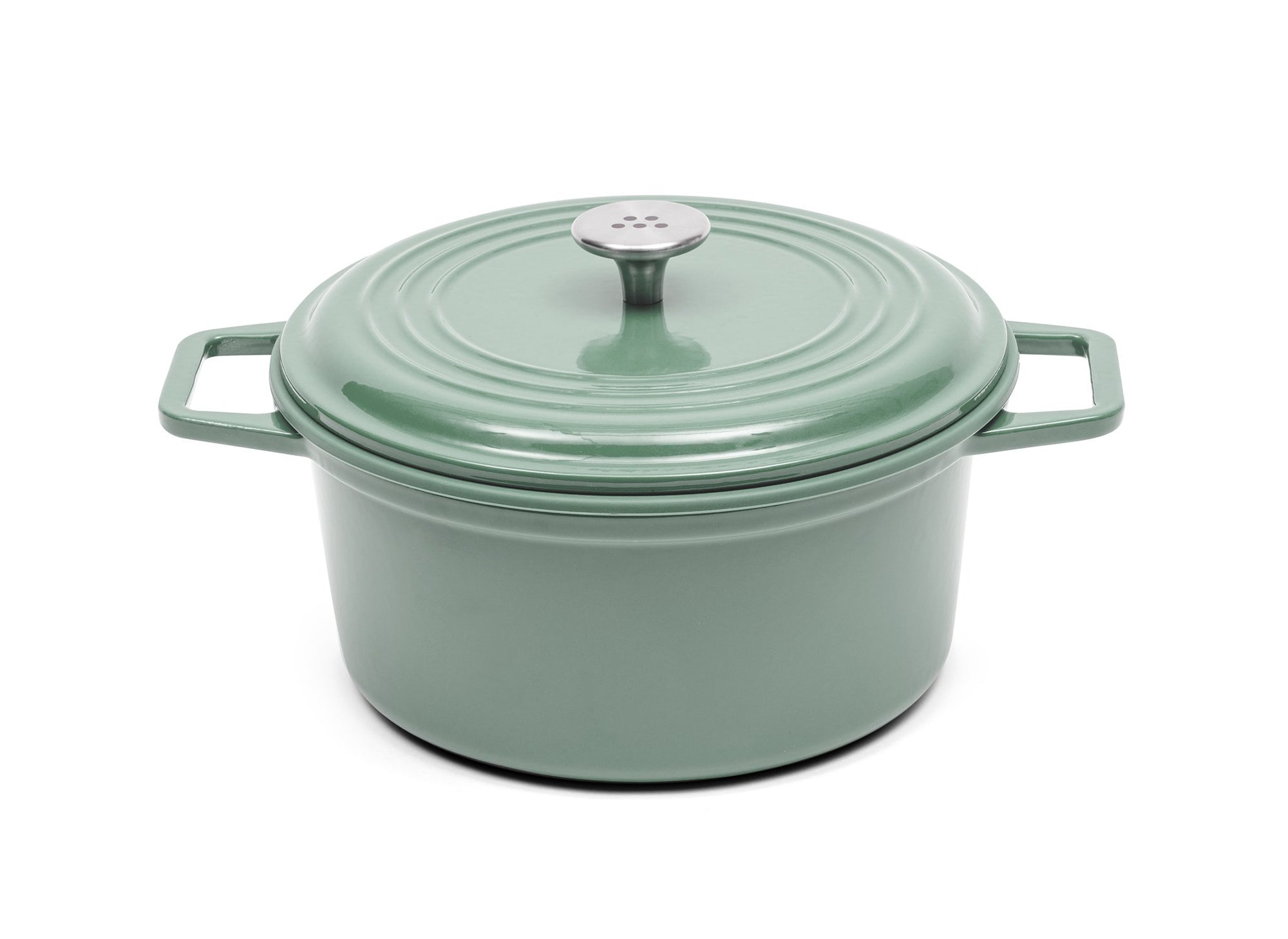 {{9-qt-traditional-green}} A green 9-quart Misen Dutch Oven covered by matching Traditional Lid with knob handle.