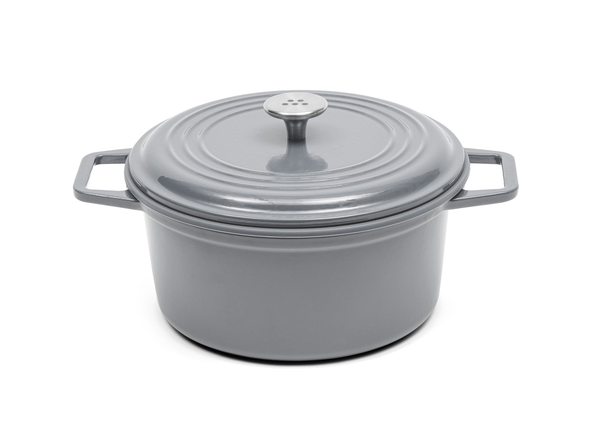 {{9-qt-traditional-gray}} A gray 9-quart Misen Dutch Oven covered by matching Traditional Lid with knob handle.