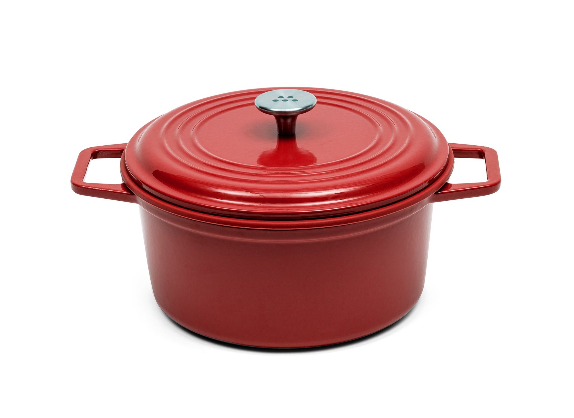 {{9-qt-traditional-red}} A red 9-quart Misen Dutch Oven covered by matching Traditional Lid with knob handle.