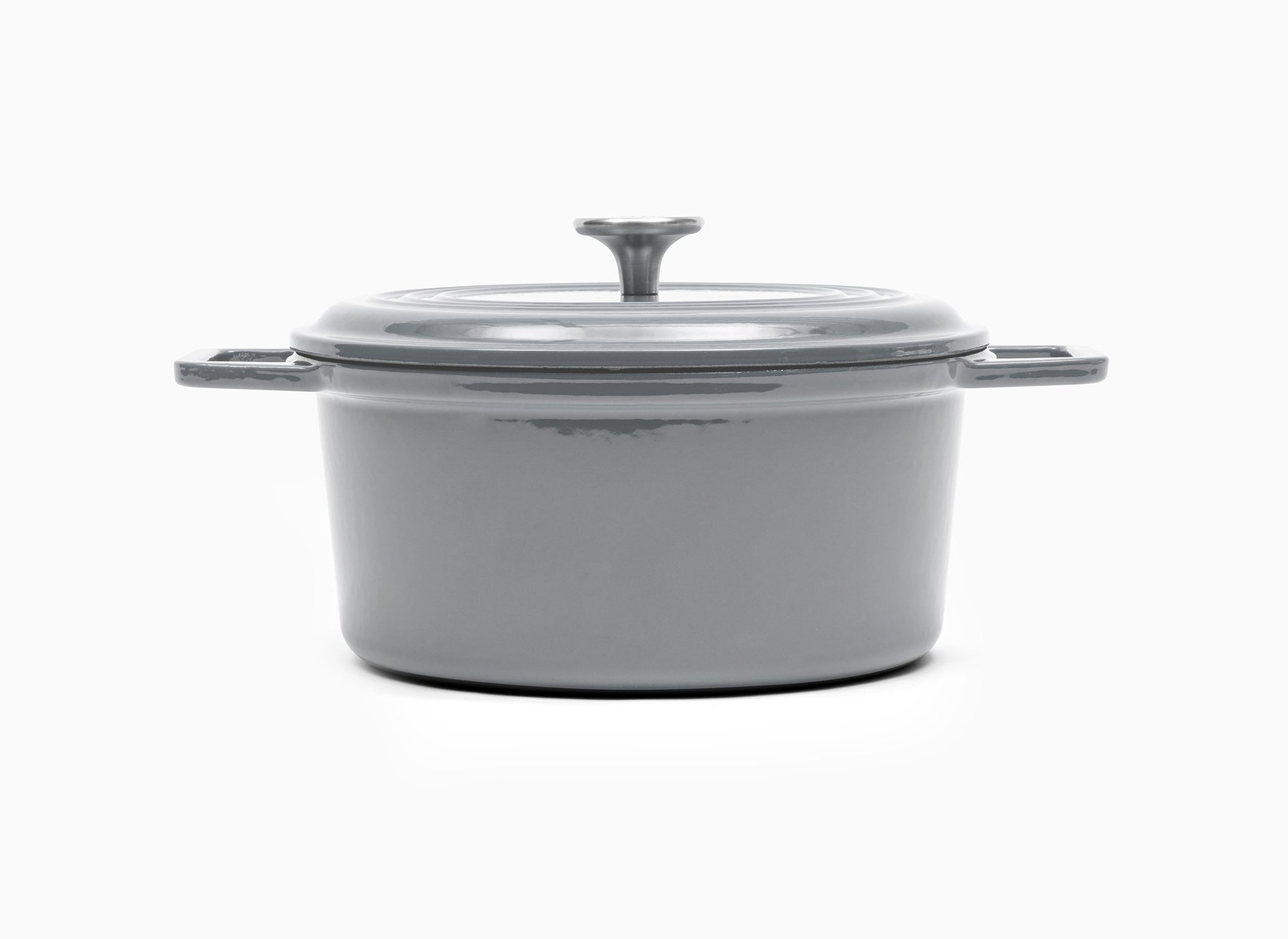 Grey Misen Dutch Oven covered by Traditional Lid with knob handle.