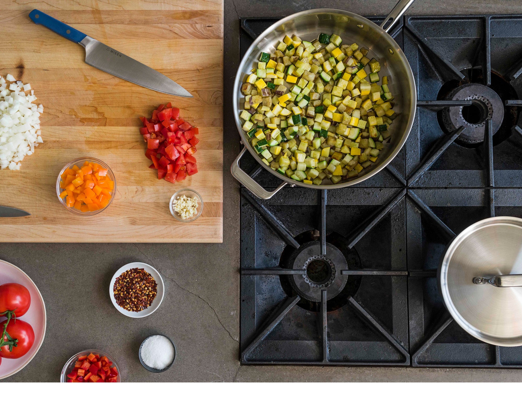 {{complete}} Use the Misen Complete Cookware Set for all your large meals — from simmering sauce to slow-cooking a vegetable medley.