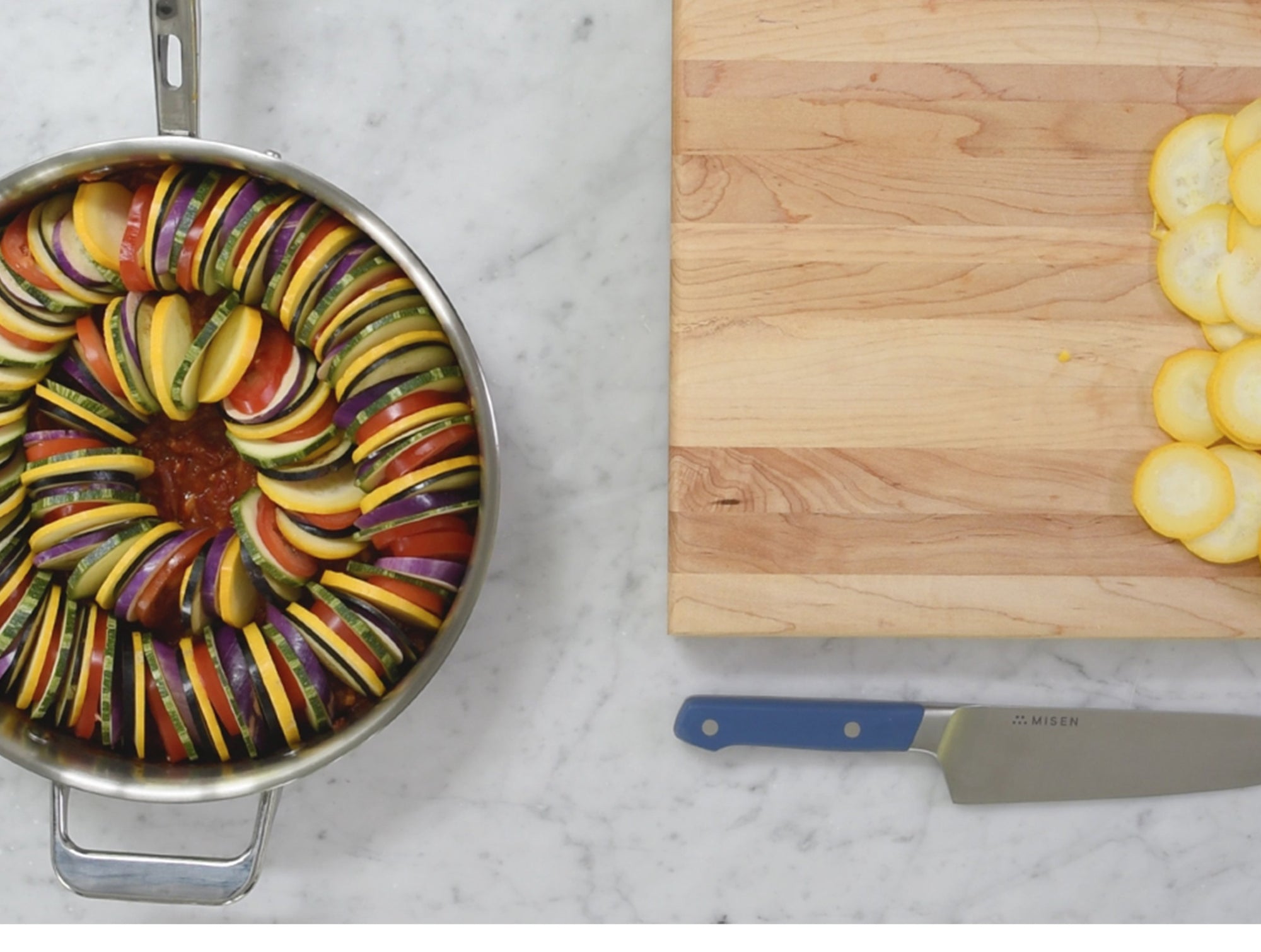 {{3-qt}} The Misen 3QT Saute pan is perfect for stove to oven dishes such as ratatouille.