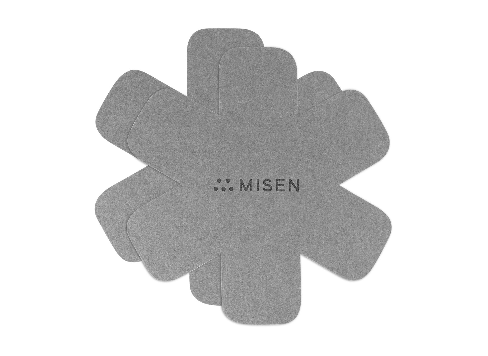 {{2-pack}} Two star-shaped grey felt pan protectors with Misen logo on a white seamless background.