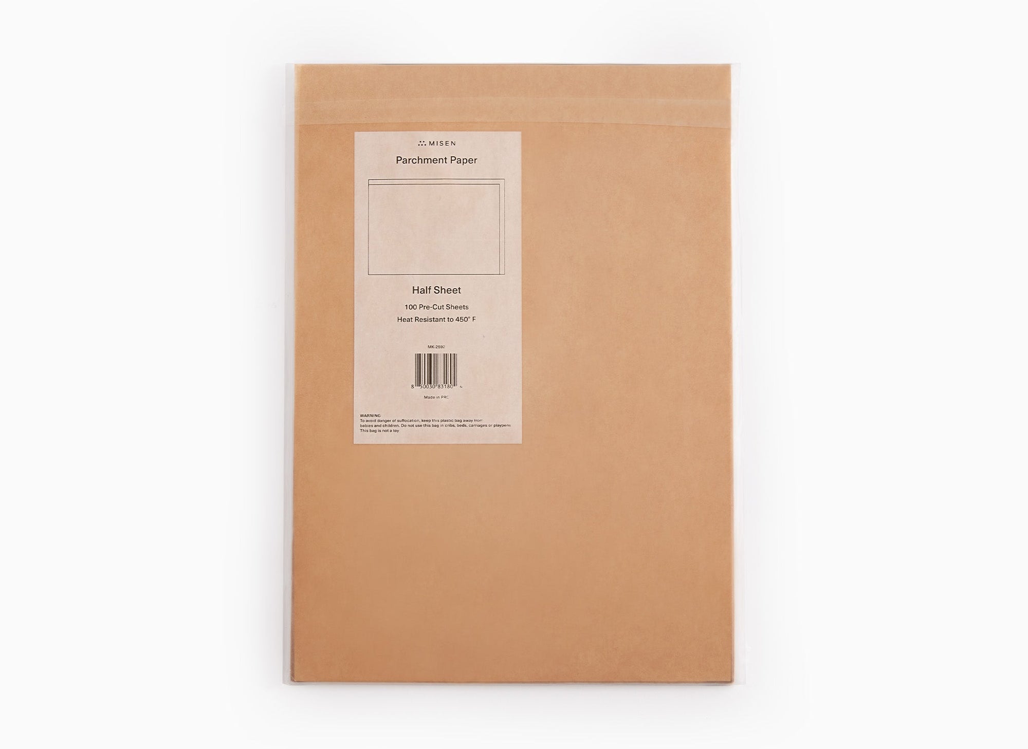 A bird's eye view of one, 100-sheet pack of Misen Half-Sheet Parchment Paper, on a white background, with product label visible.