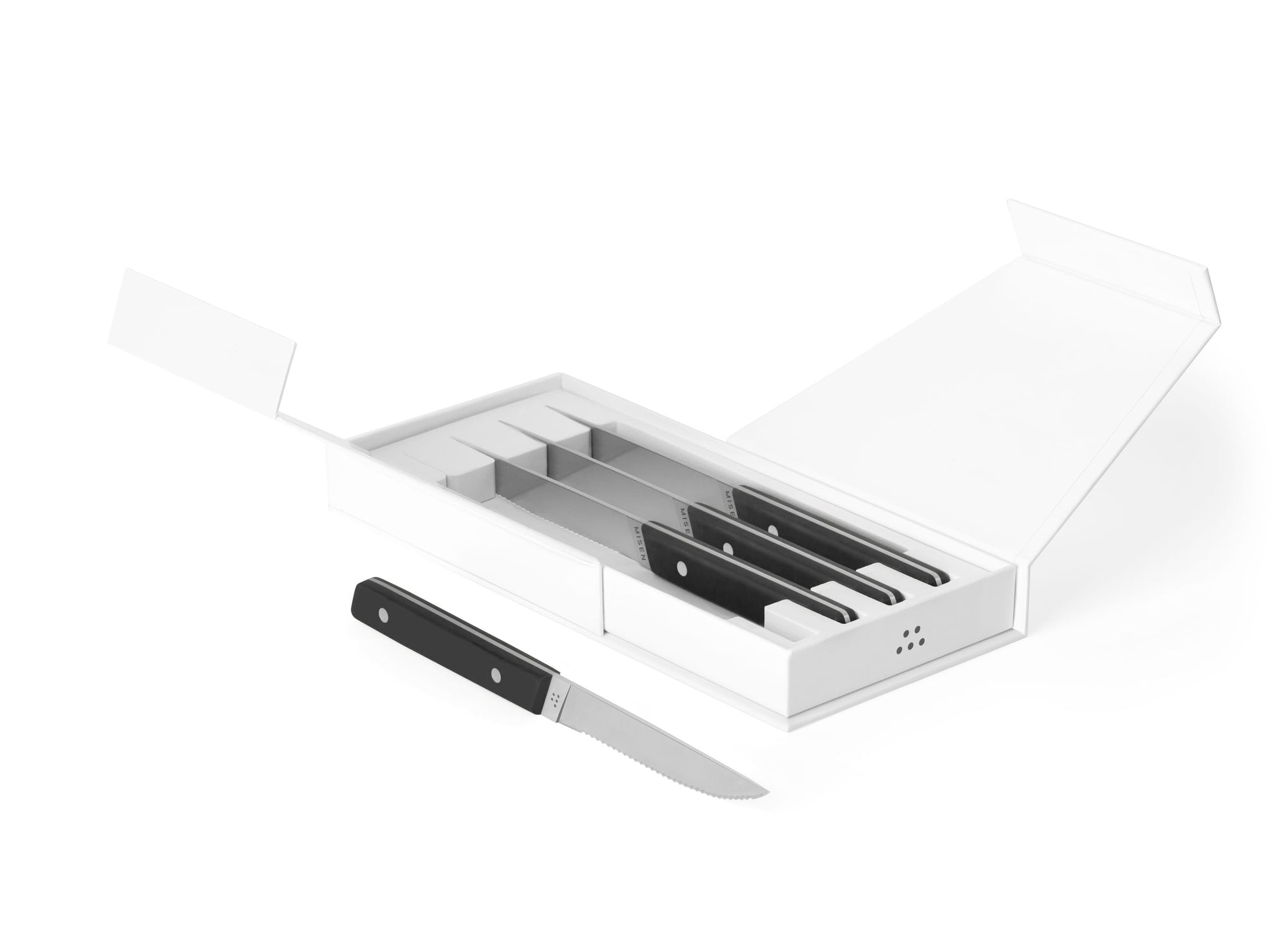 {{4pc-black}} 4-Piece black Misen Steak Knives in open box