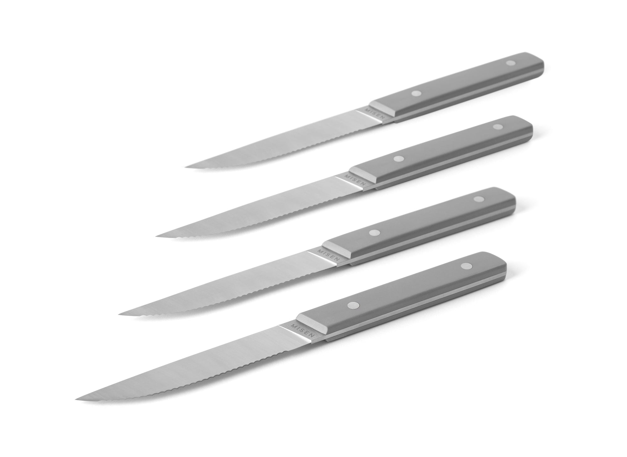 {{4pc-gray}} Blade tip and spine of 4-Piece Misen Steak Knives in gray