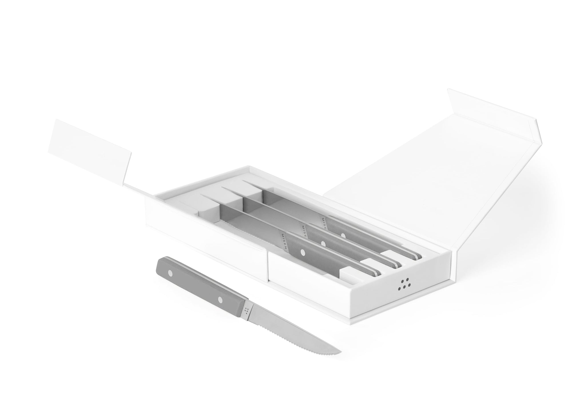 {{4pc-gray}} 4-Piece gray Misen Steak Knives in open box