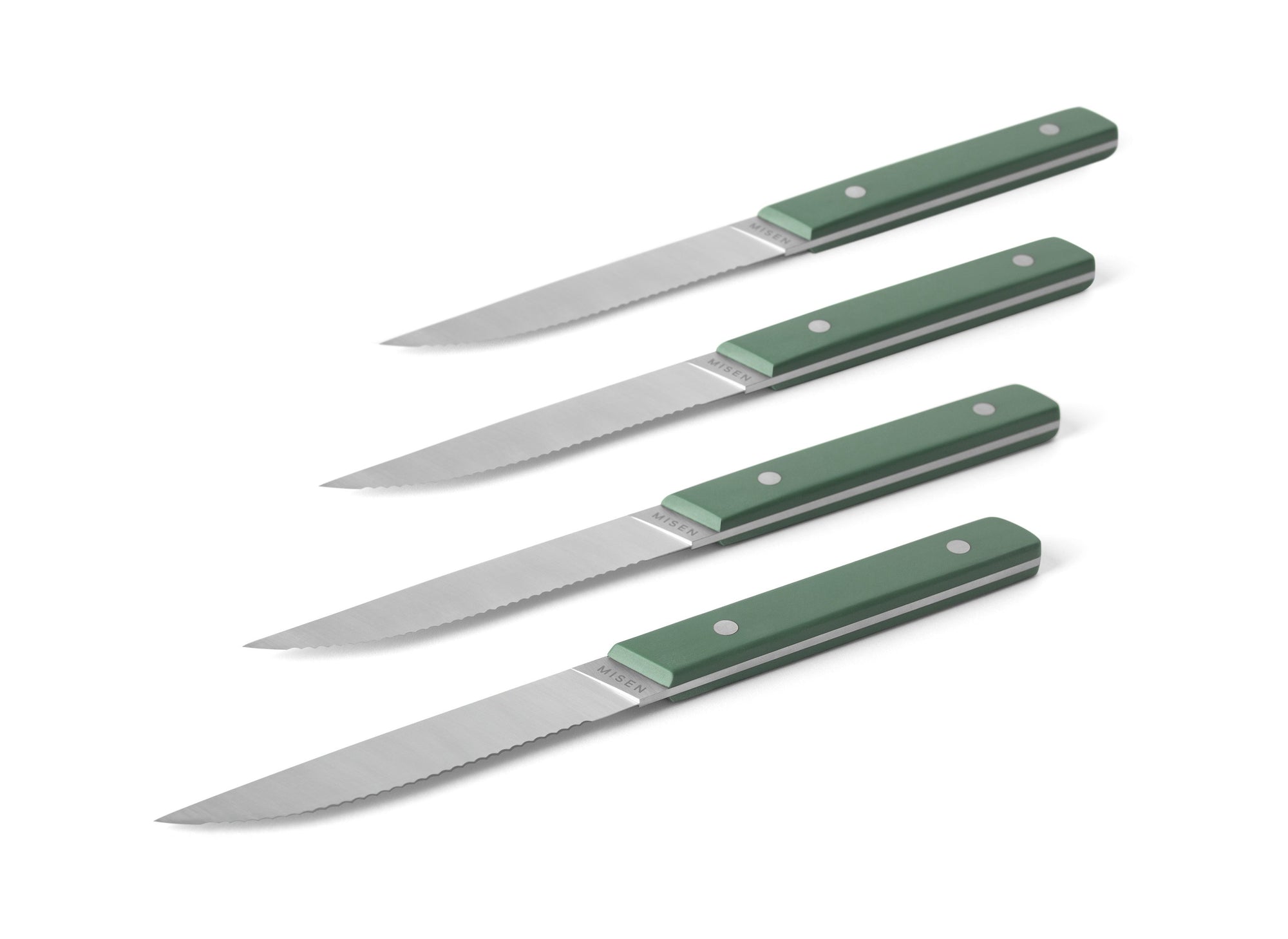 {{4pc-green}} Blade tip and spine of 4-Piece Misen Steak Knives in green