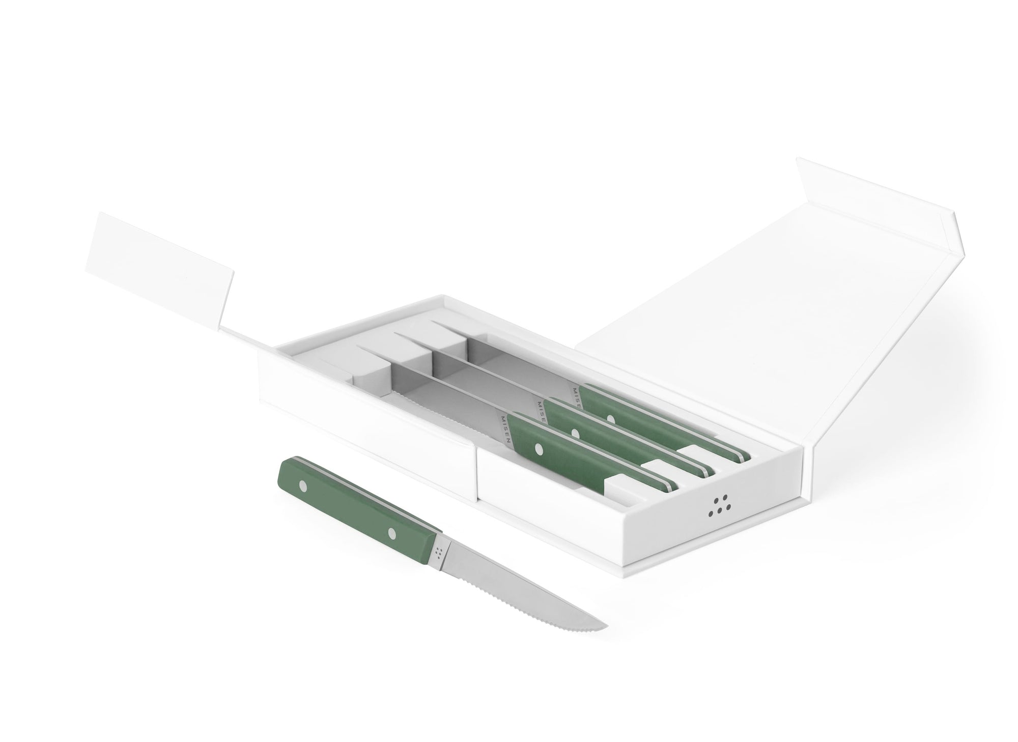 {{4pc-green}} 4-Piece green Misen Steak Knives in open box