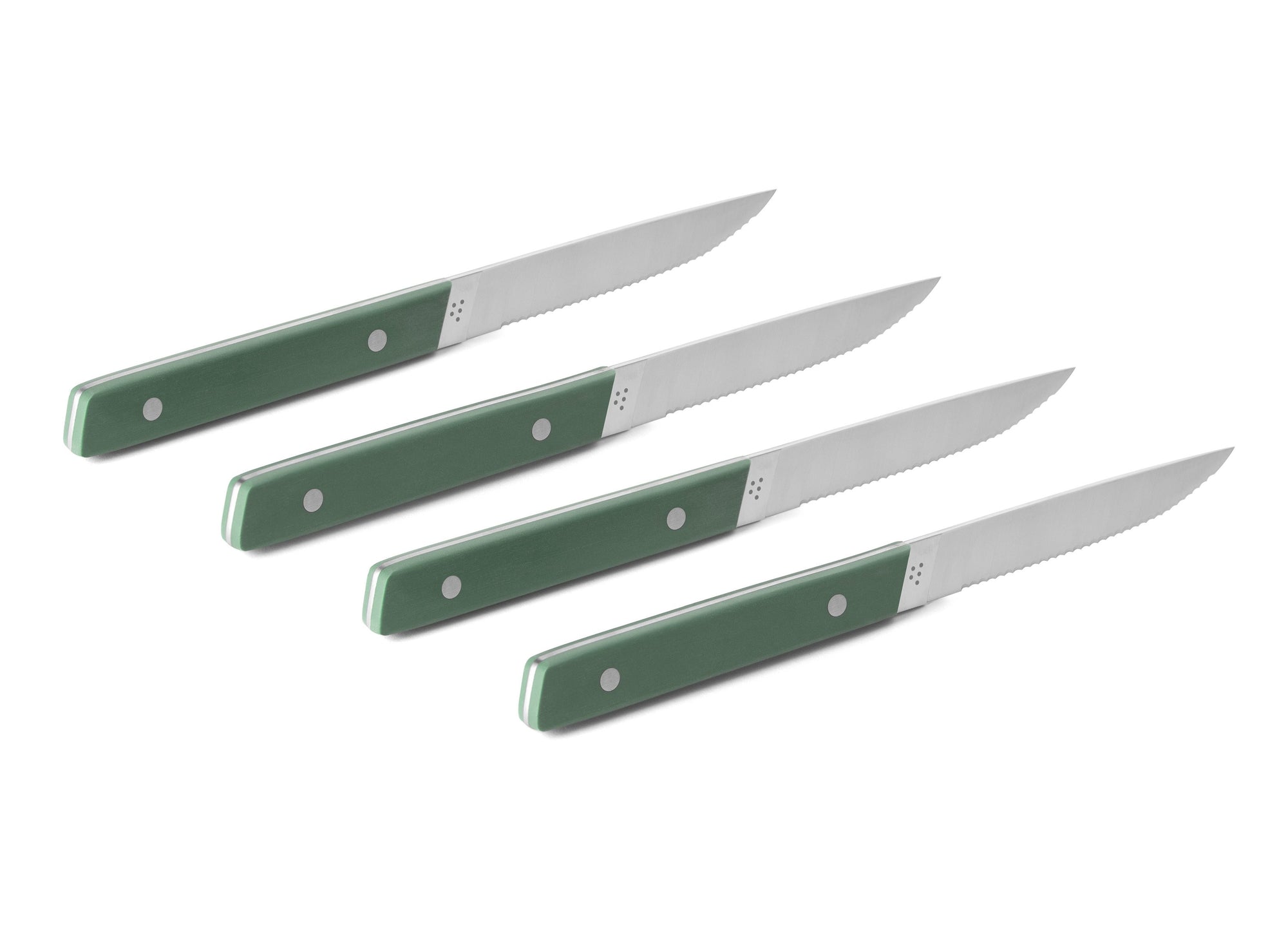 {{4pc-green}} The 4-Piece Misen Steak Knives in green are slim and comfortable to hold with a full tang handle.