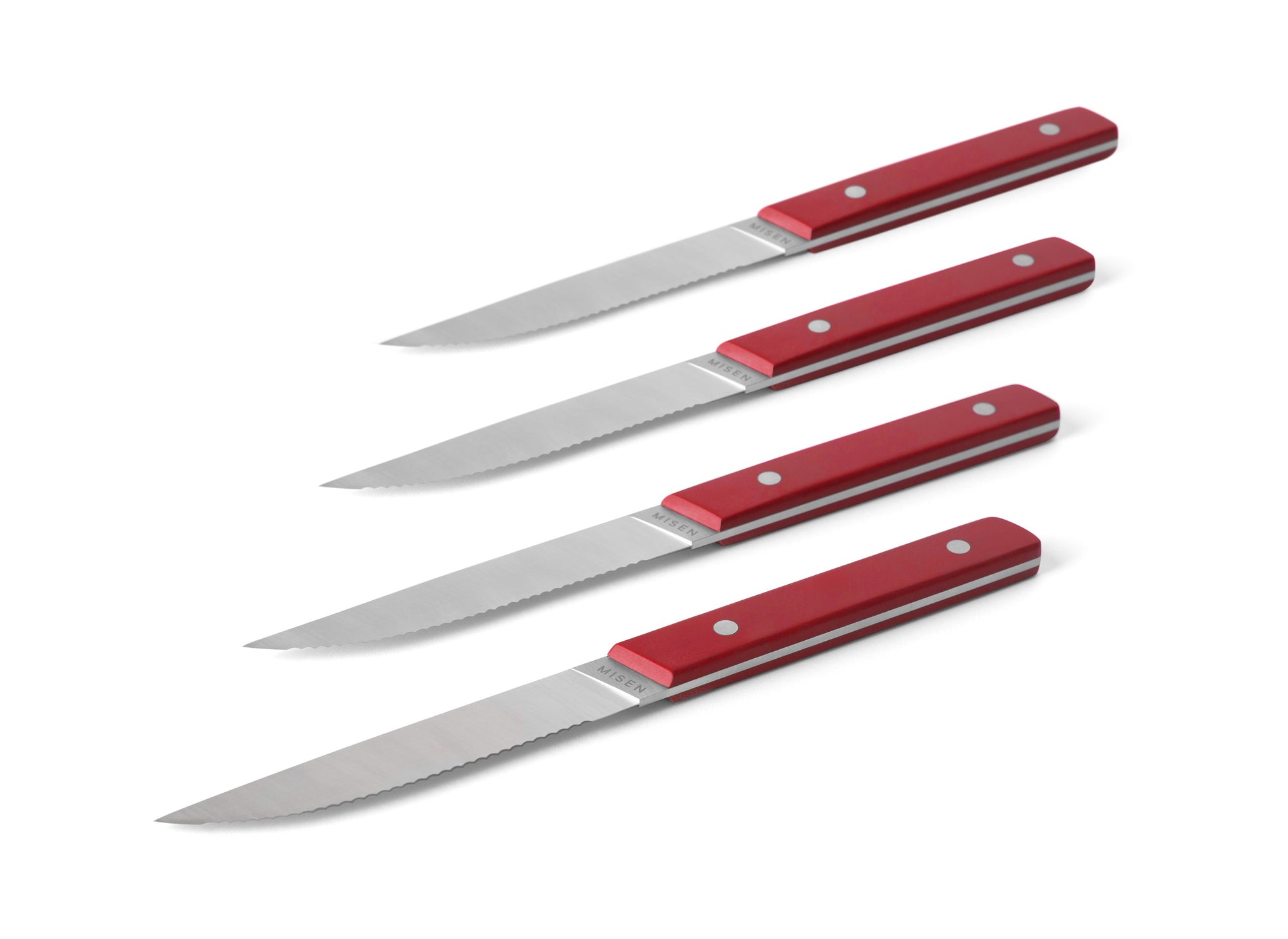 {{4pc-red}} Blade tip and spine of 4-Piece Misen Steak Knives in red