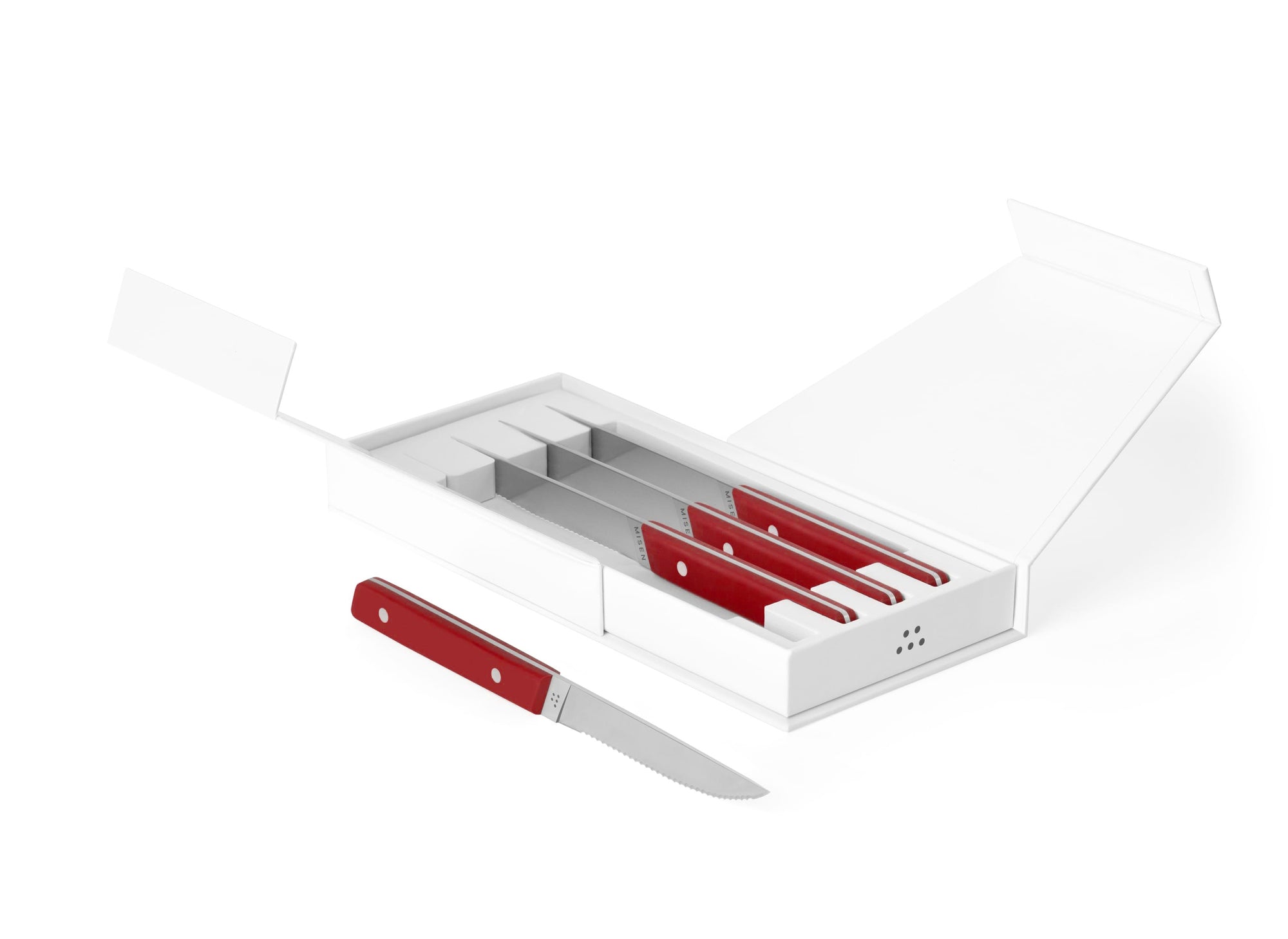 {{4pc-red}} 4-Piece red Misen Steak Knives in open box