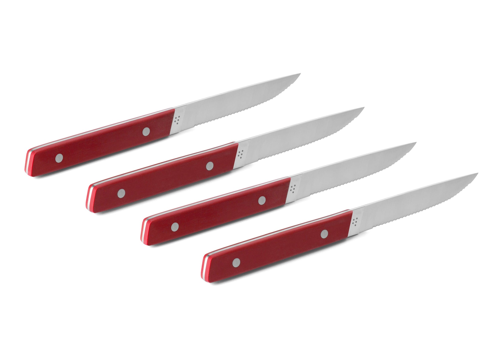 {{4pc-red}} The 4-Piece Misen Steak Knives in red are slim and comfortable to hold with a full tang handle.