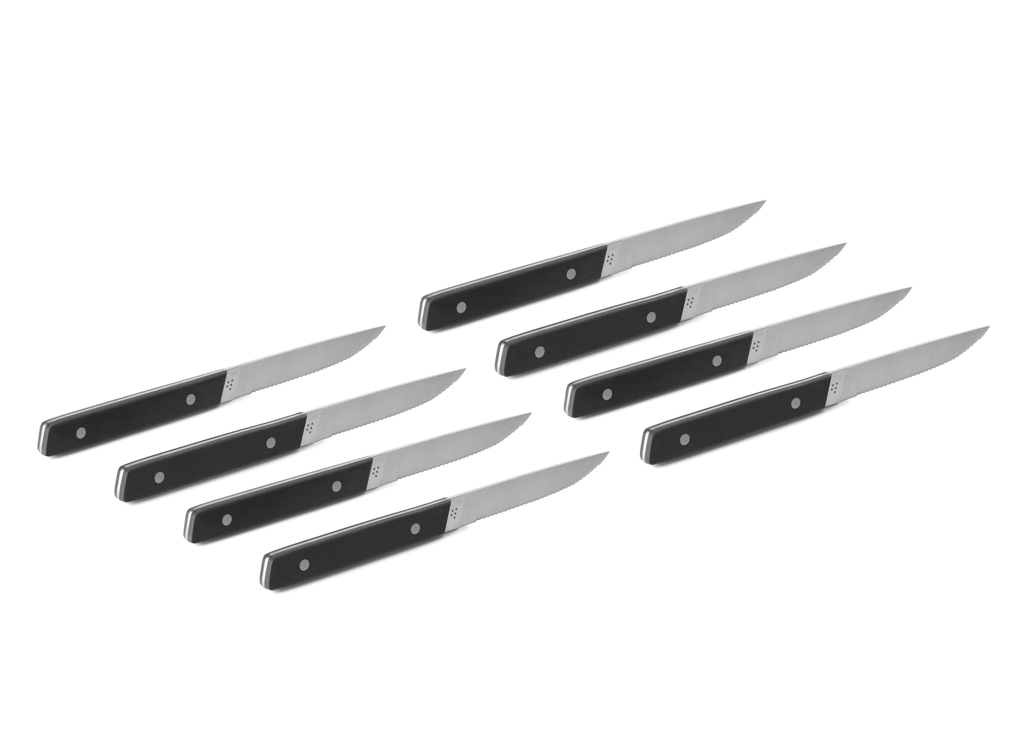{{8pc-black}} The 8-Piece Misen Steak Knives in black are slim and comfortable to hold with a full tang handle.