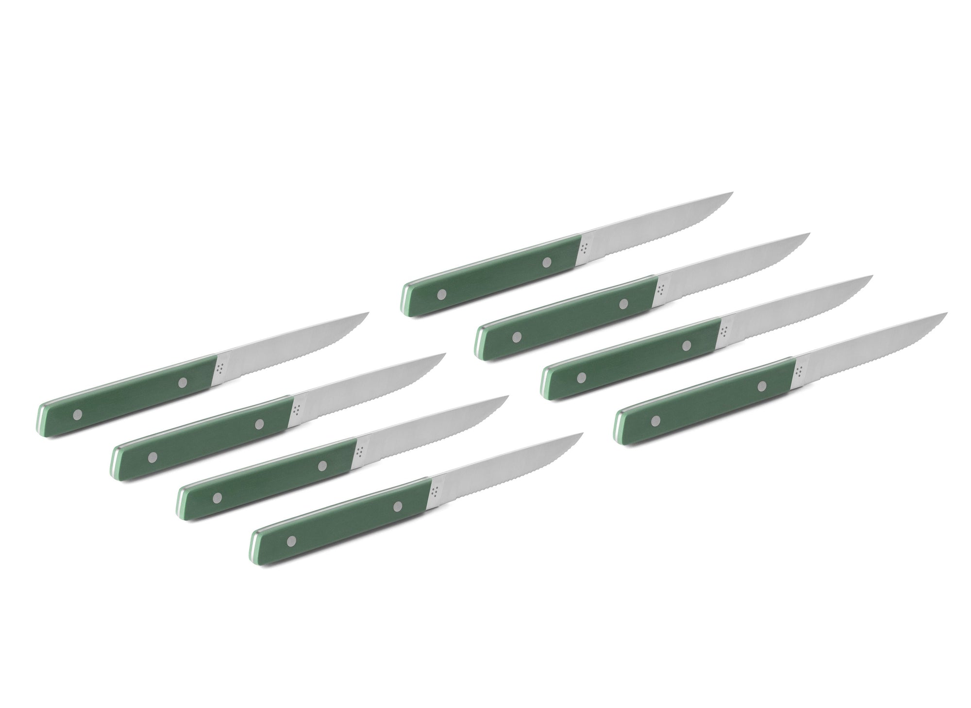 {{8pc-green}} The 8-Piece Misen Steak Knives in green are slim and comfortable to hold with a full tang handle.