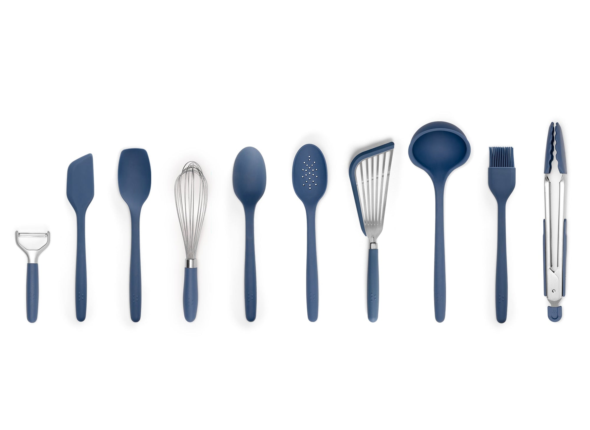 {{blue}} A Blue Misen 10-Piece Prep Tool set seen from above. All tools are arranged side-by-side in a horizontal line on a white background.