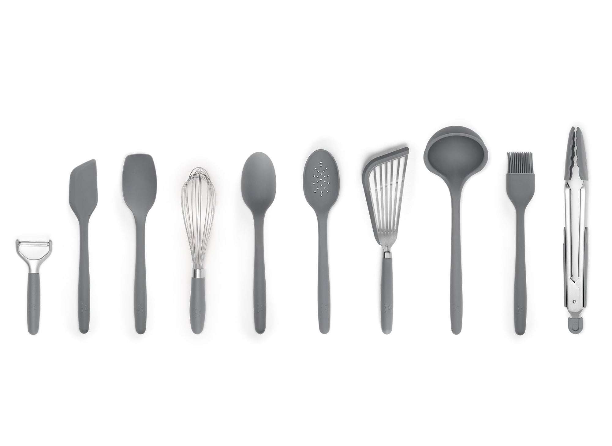 {{gray}} A Grey Misen 10-Piece Prep Tool set seen from above. All tools are arranged side-by-side in a horizontal line on a white background.