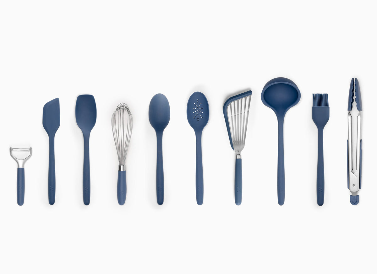 A Blue Misen 10-Piece Prep Tool set seen from above. All tools are arranged side-by-side in a horizontal line on a grey background.