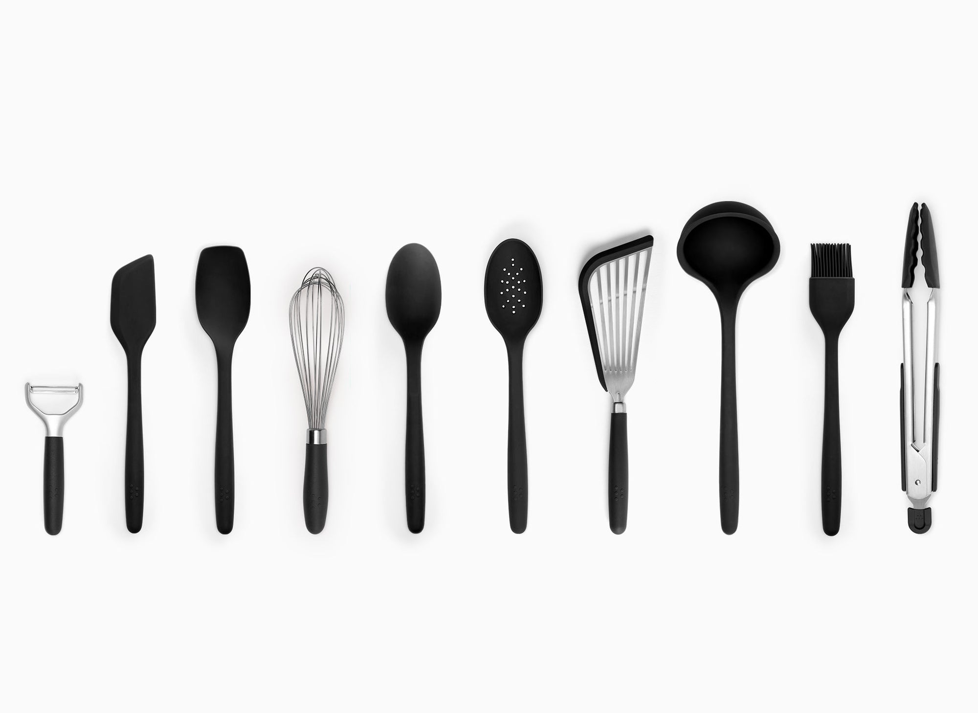 A Black Misen 10-Piece Prep Tool set seen from above. All tools are arranged side-by-side in a horizontal line on a grey background.