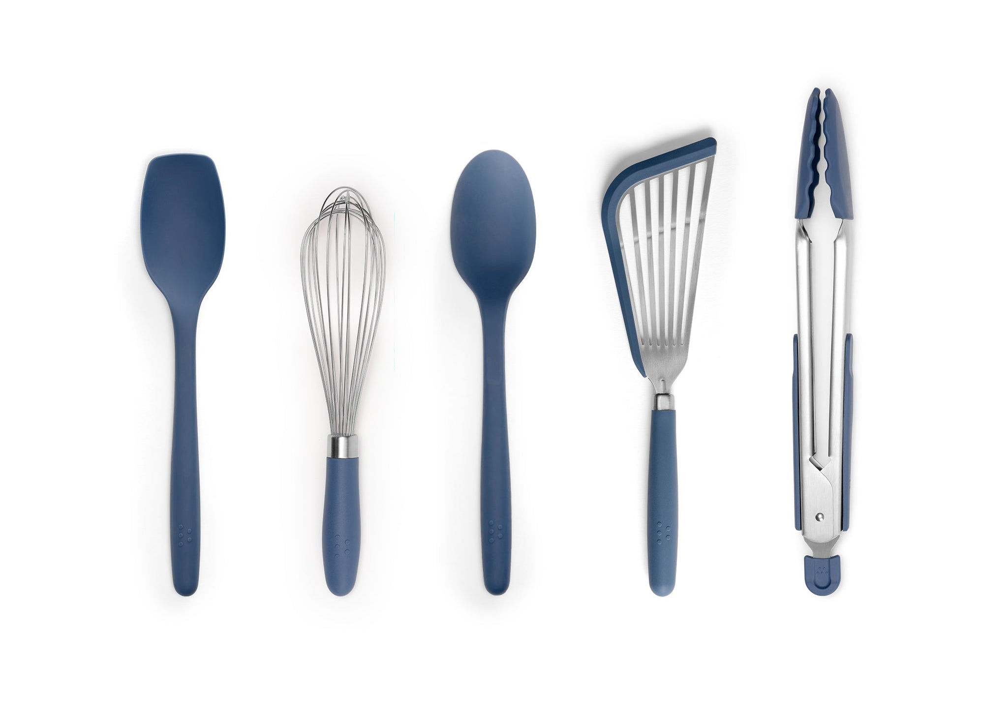 {{blue}} A Blue Misen 5-Piece Prep Tool set seen from above. All tools are arranged side-by-side in a horizontal line on a white background.