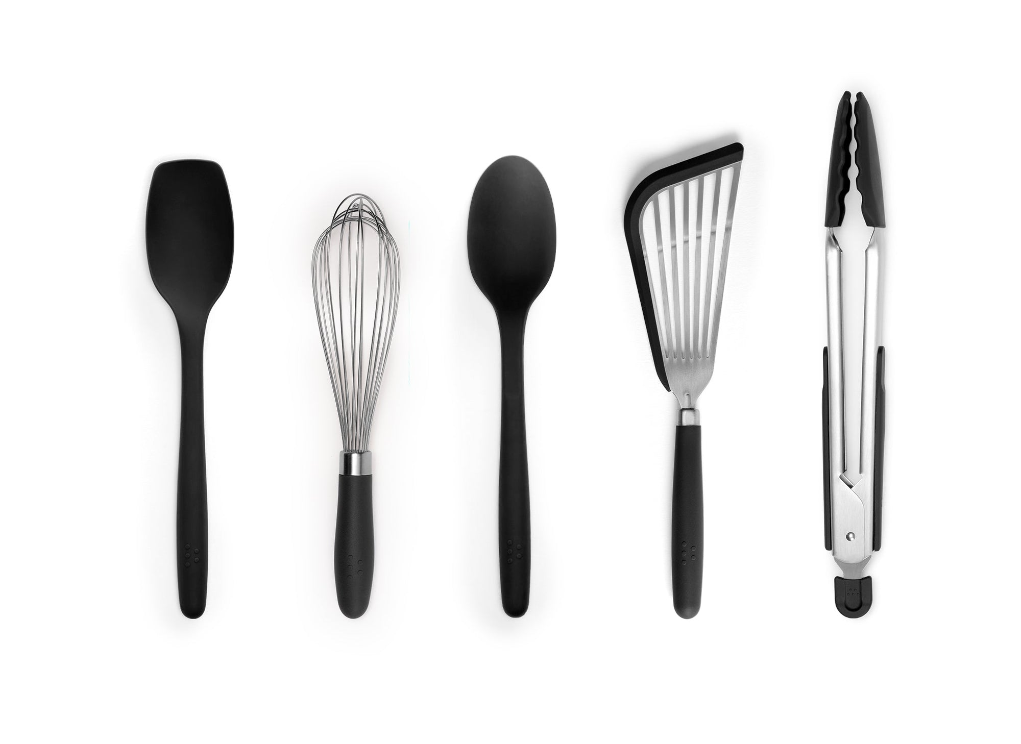 {{black}} A Black Misen 5-Piece Prep Tool set seen from above. All tools are arranged side-by-side in a horizontal line on a white background.