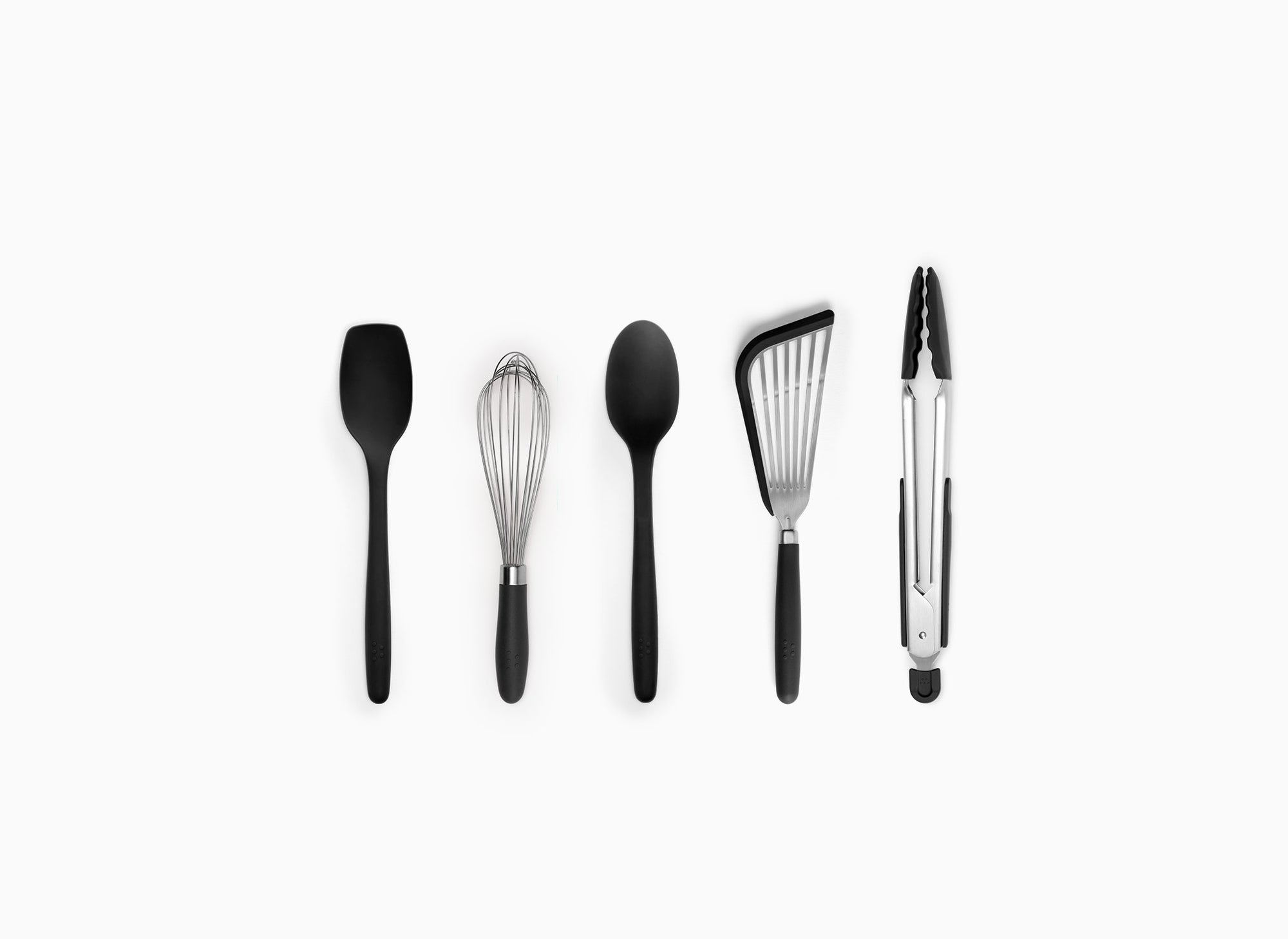 A Black Misen 5-Piece Prep Tool set seen from above. All tools are arranged side-by-side in a horizontal line on a grey background.