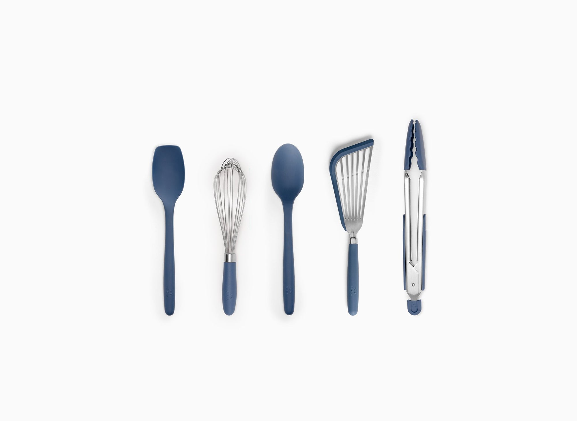 A Blue Misen 5-Piece Prep Tool set seen from above. All tools are arranged side-by-side in a horizontal line on a grey background.