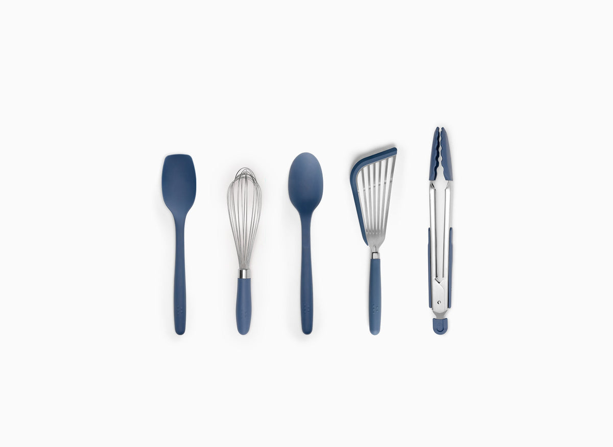 A Blue Misen 5-Piece Prep Tool set seen from above. All tools are arranged side-by-side in a horizontal line on a grey background.