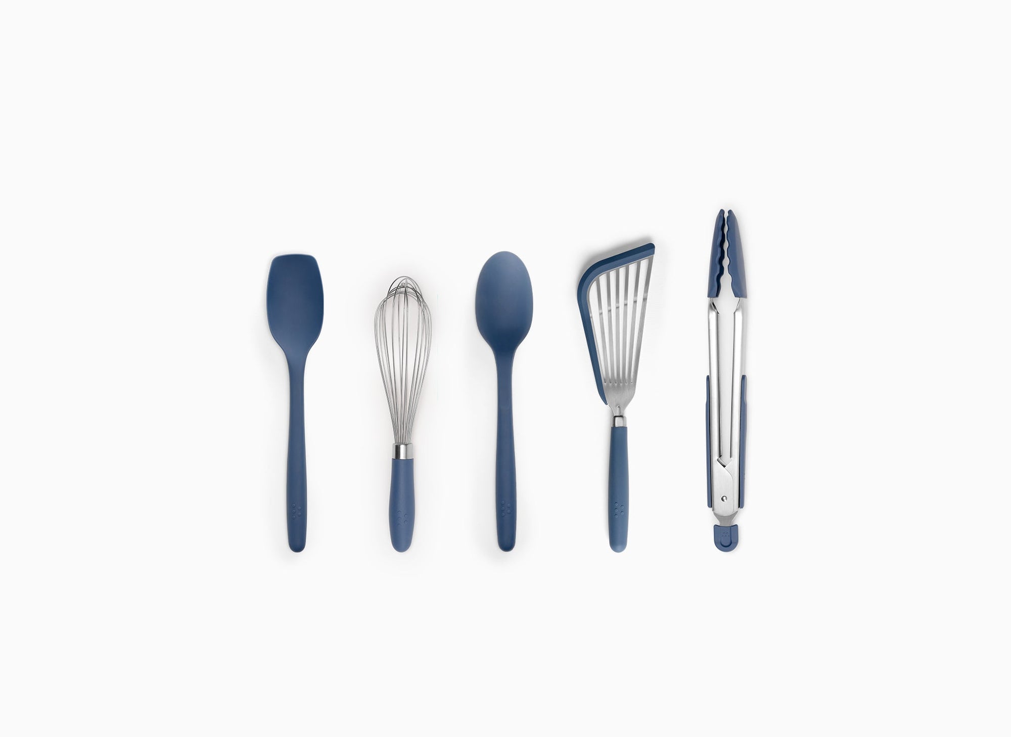A Blue Misen 5-Piece Prep Tool set seen from above. All tools are arranged side-by-side in a horizontal line on a grey background.