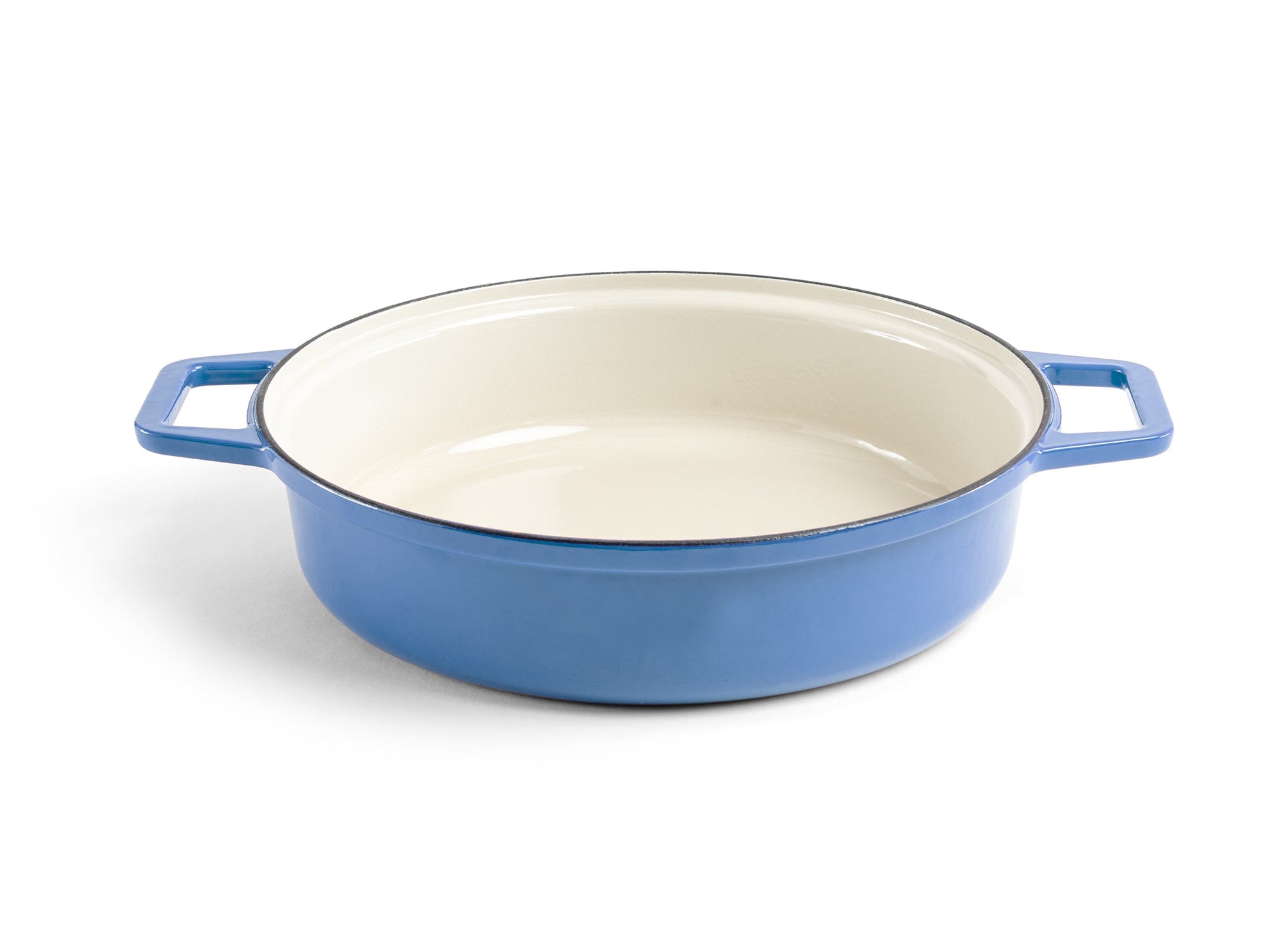 {{blue}} A blue Misen Enameled Cast Iron Braiser with lid removed, revealing cream-white interior.