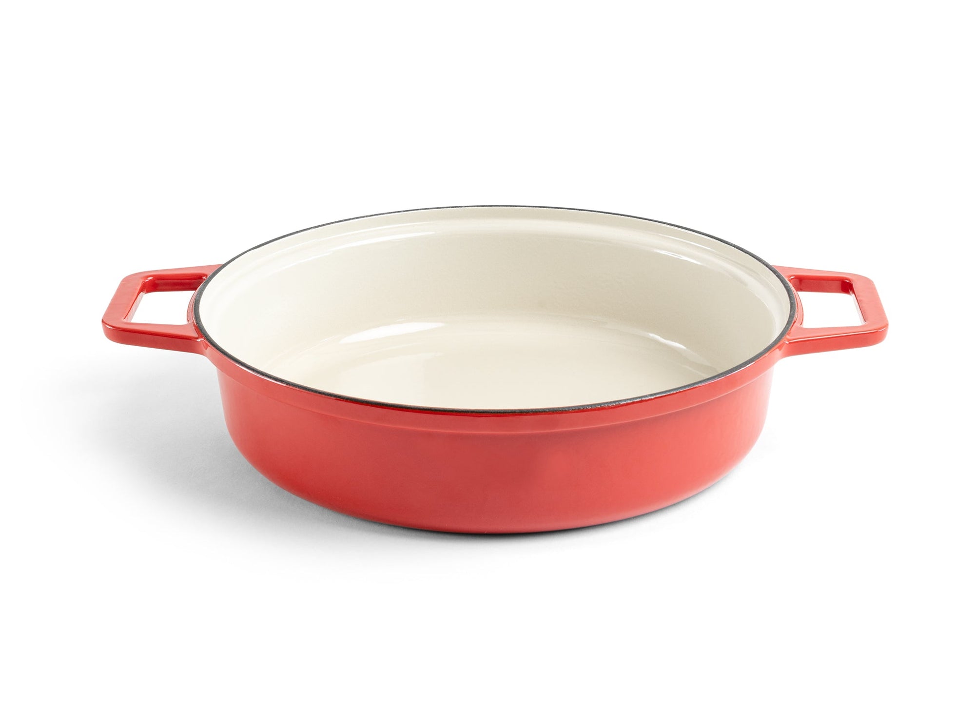 {{red}} A red Misen Enameled Cast Iron Braiser with lid removed, revealing cream-white interior.