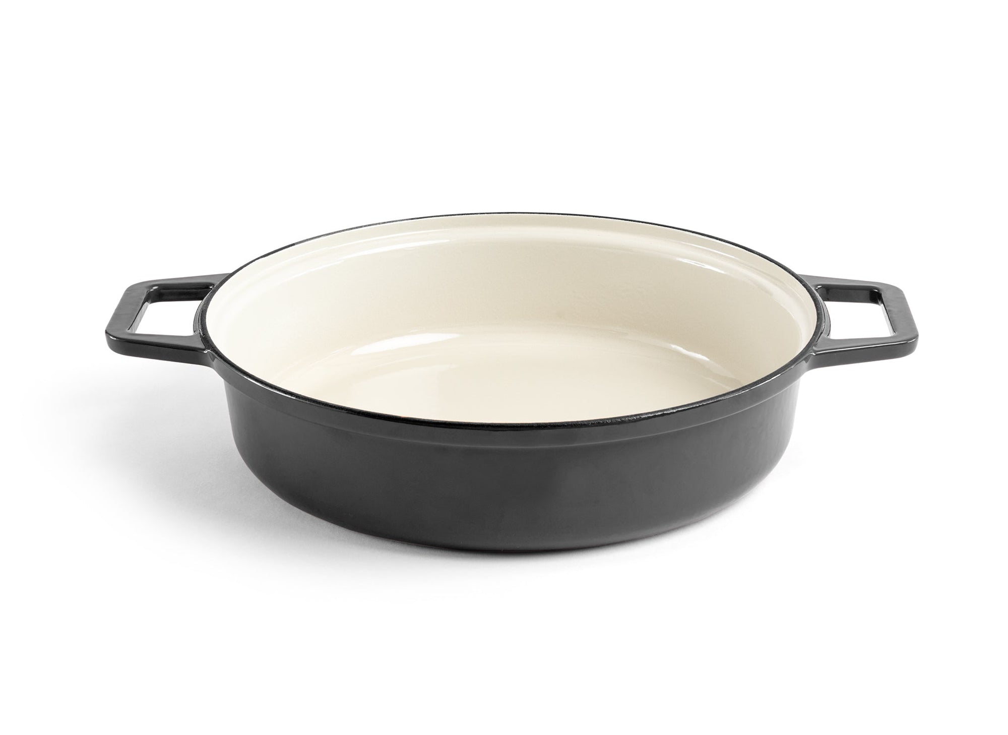 {{black}} A black Misen Enameled Cast Iron Braiser with lid removed, revealing cream-white interior.