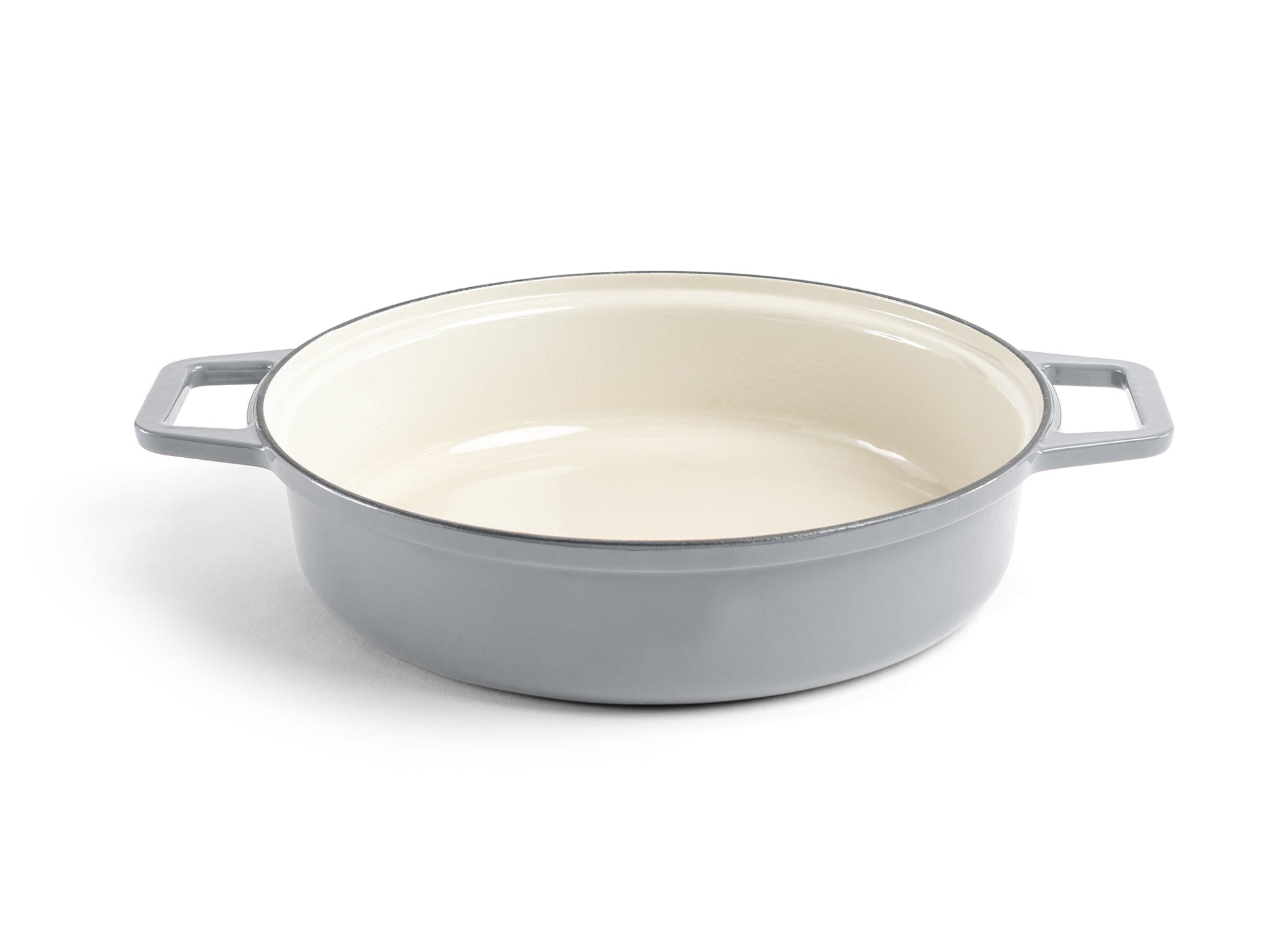 {{gray}} A grey Misen Enameled Cast Iron Braiser with lid removed, revealing cream-white interior.