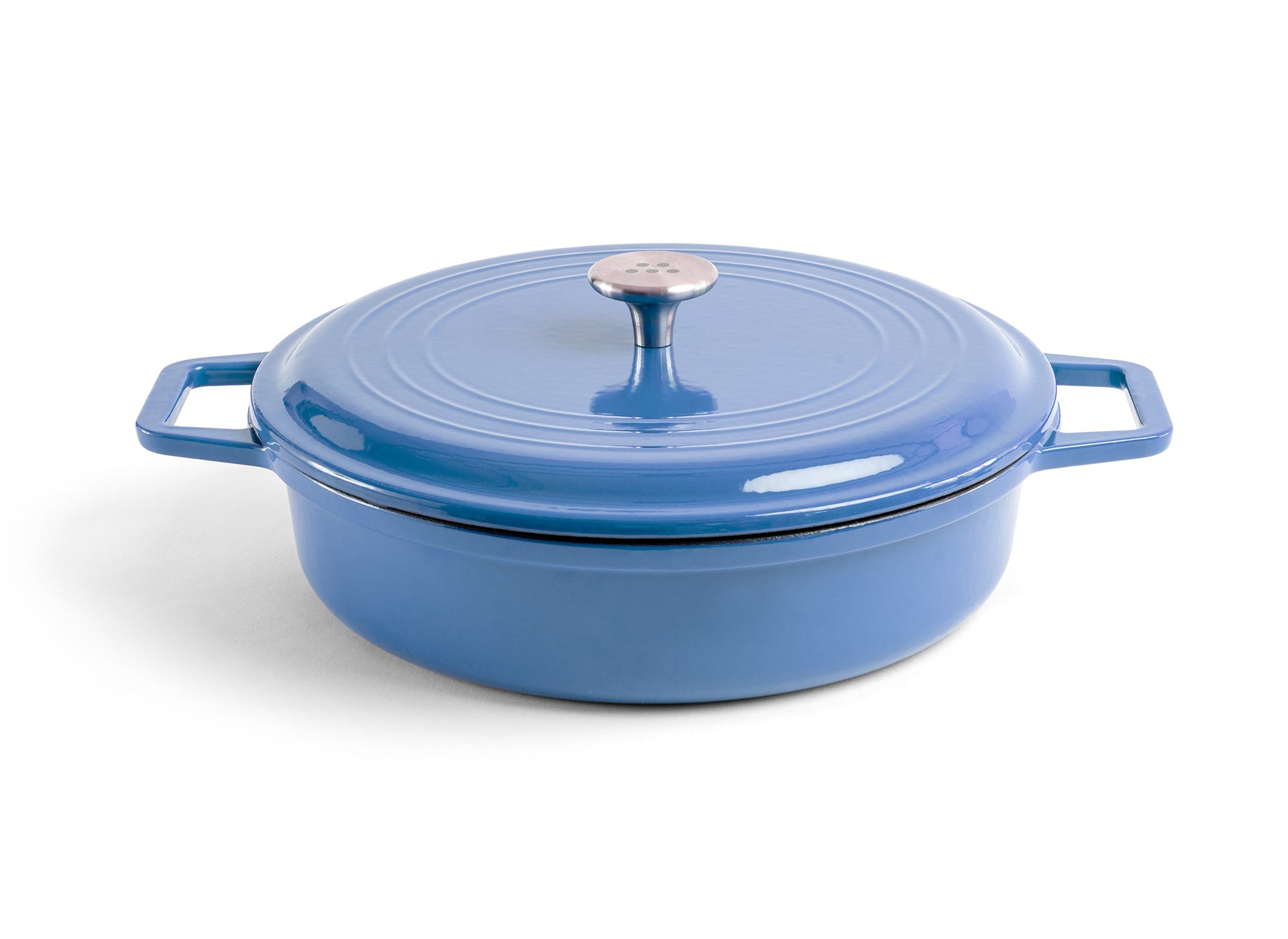 {{blue}} A blue Misen Enameled Cast Iron Braiser with knob-handle lid. Misen logo is visible on the lid’s central handle.