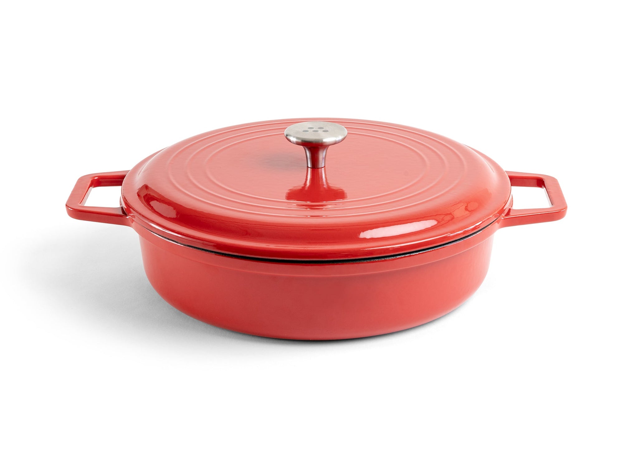 {{red}} A red Misen Enameled Cast Iron Braiser with knob-handle lid. Misen logo is visible on the lid’s central handle.