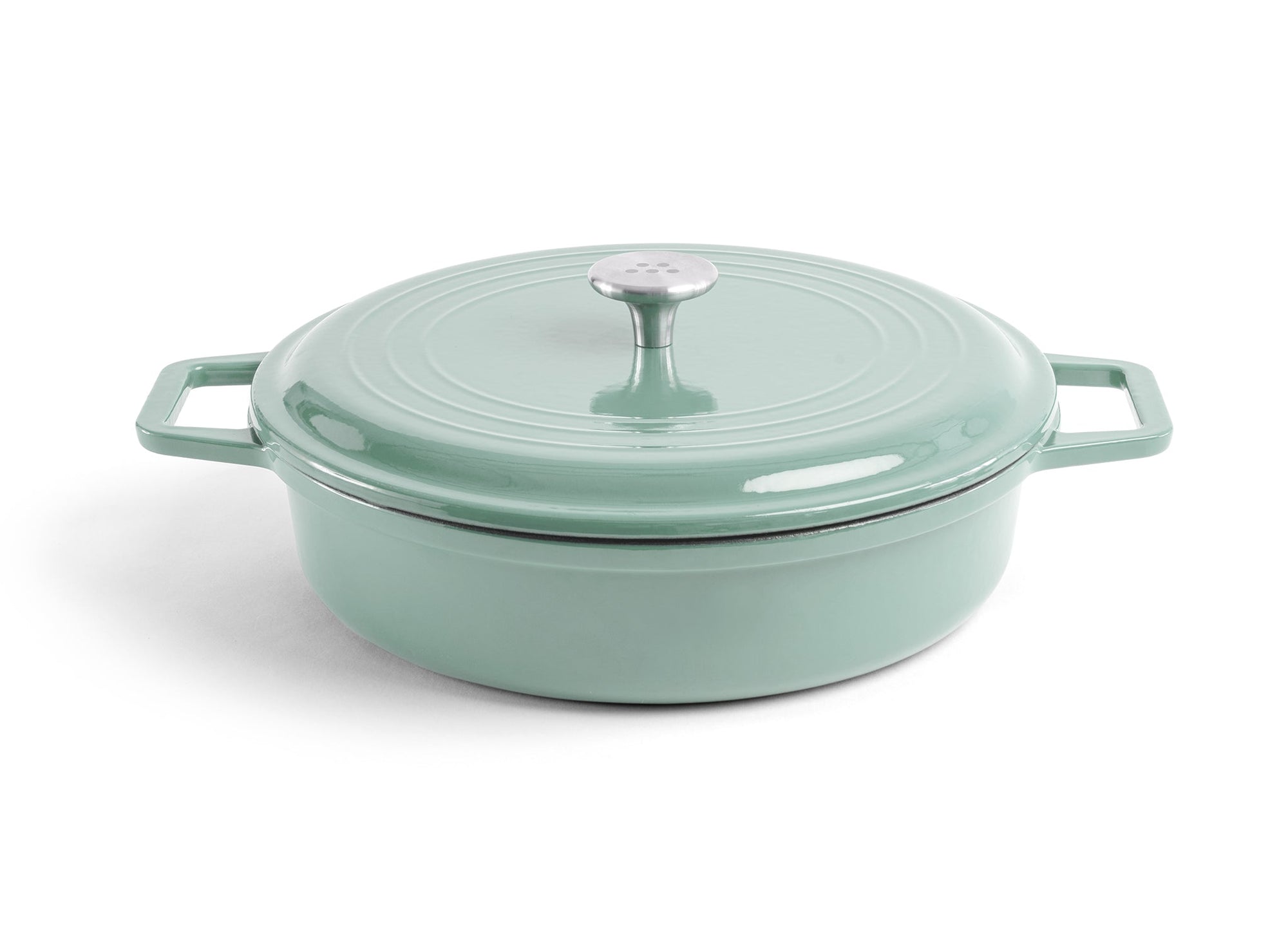 {{green}} A green Misen Enameled Cast Iron Braiser with knob-handle lid. Misen logo is visible on the lid’s central handle.
