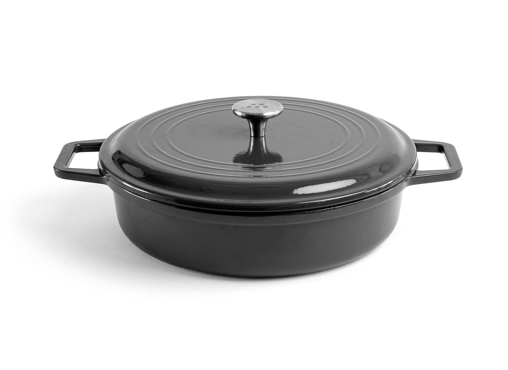 {{black}} A black Misen Enameled Cast Iron Braiser with knob-handle lid. Misen logo is visible on the lid’s central handle.