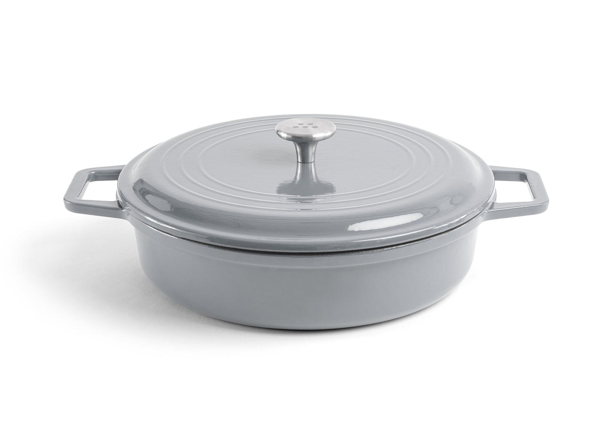 {{gray}} A grey Misen Enameled Cast Iron Braiser with knob-handle lid. Misen logo is visible on the lid’s central handle.